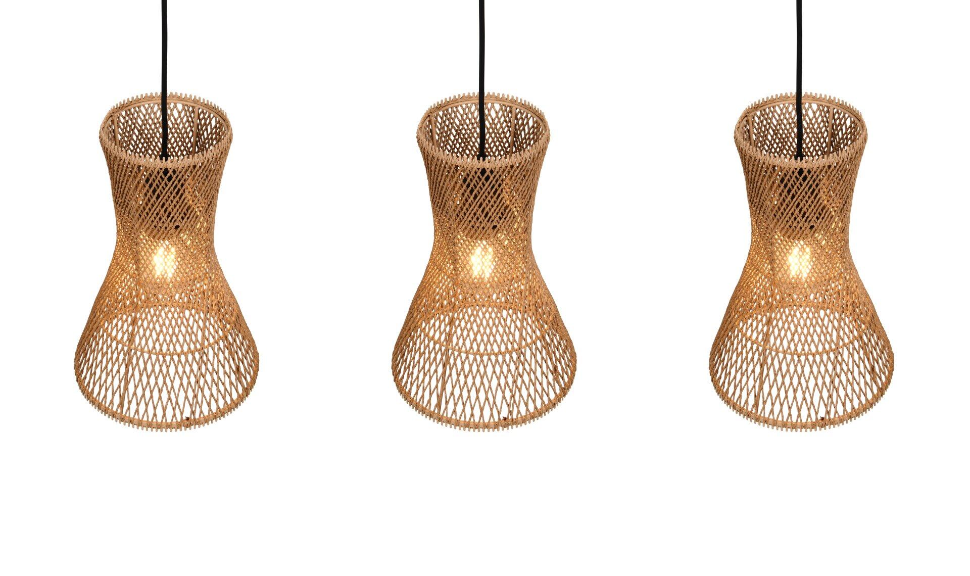 Drei goldfarbene Bijou Pendelleuchten mit konischer Form und geflochtenem Design hängen an schwarzen Kabeln vor weißem Hintergrund.