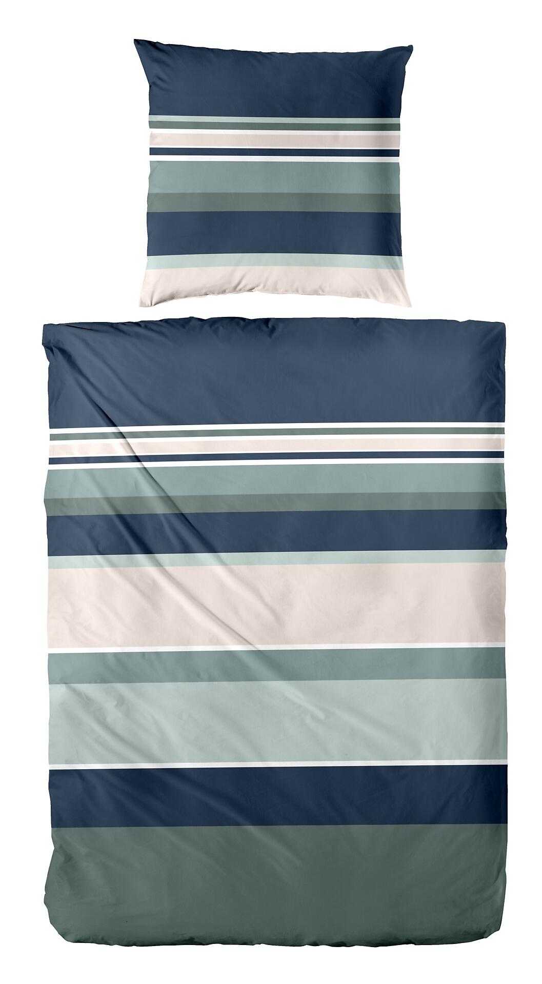 Bettwäsche-Set aus Mako-Satin mit horizontalen, abwechselnden Streifen in Dunkelblau, Hellblau und Beige, dargestellt in Frontalperspektive.