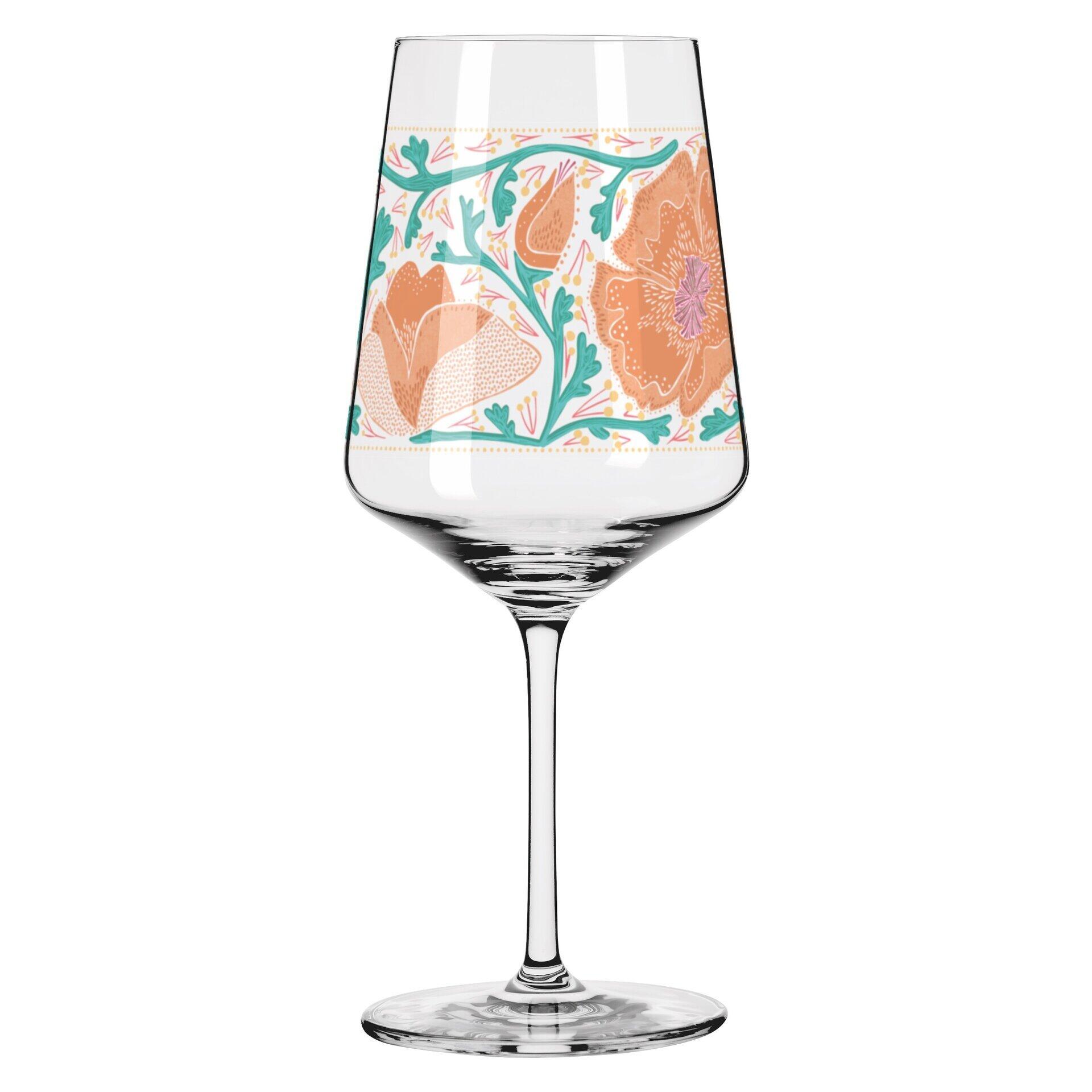 Aperitifglas mit konischem Kelch und floralem Muster in Pastelltönen, dargestellt in voller Höhe und frontal.