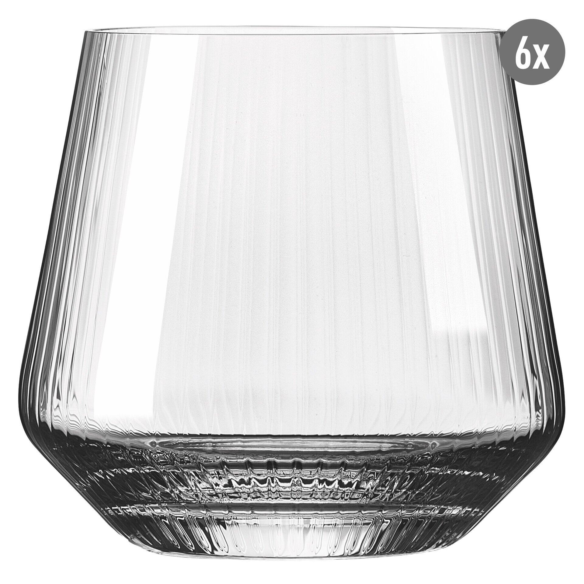 Allroundglas-Set: Frontalansicht eines strukturierten, konischen Wasserglases mit gerilltem Fuß aus einem 6-teiligen Set.