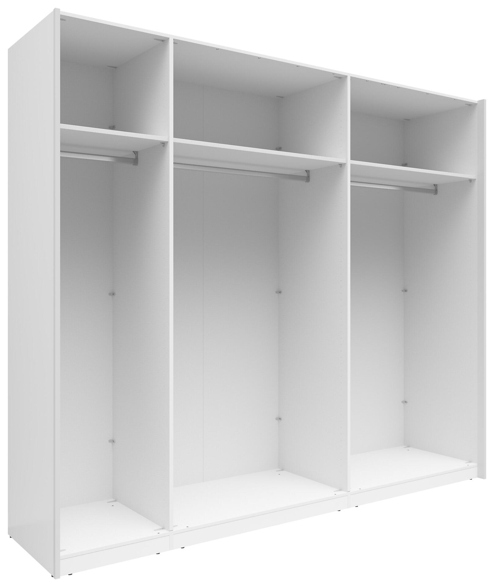 Weißer Schwebetürenschrank Neo aus der Vogelperspektive mit drei Bereichen, jeweils mit Kleiderstange und Boden, zur Darstellung der Inneneinteilung.