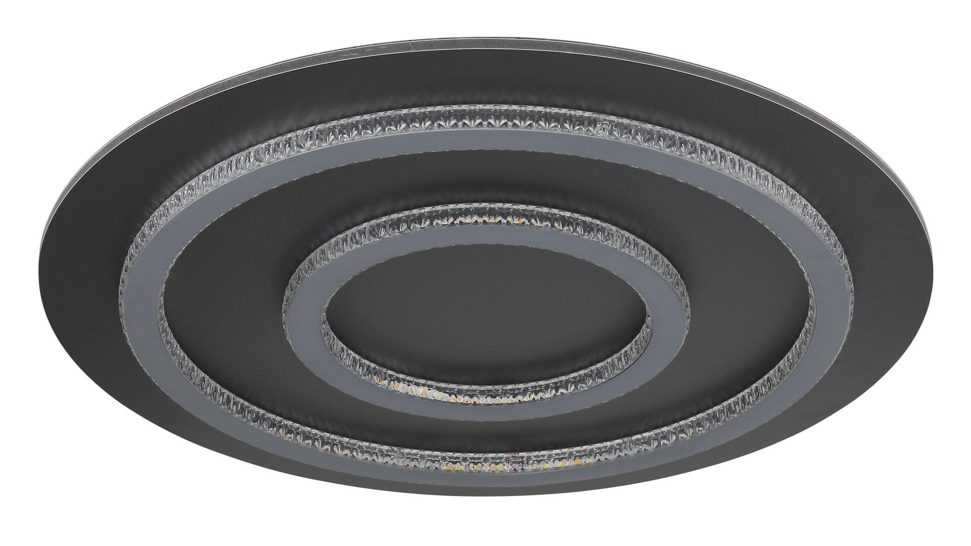 Deckenleuchte JAYDEN mit mehreren konzentrischen, strukturierten Ringen und rechteckiger Aussparung für die LED-Lichtquelle, abgebildet aus gerader Perspektive.