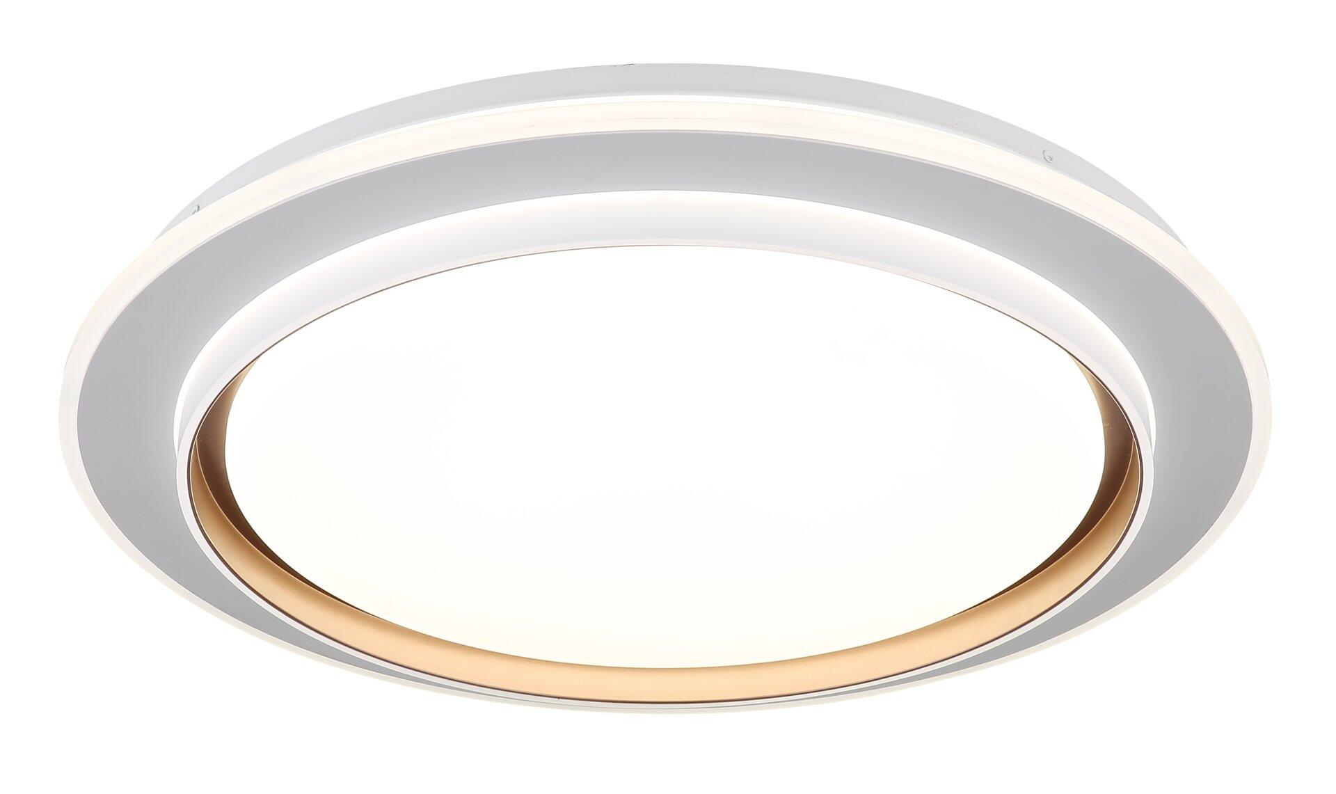 Deckenleuchte JANICE mit zwei konzentrischen, silbern-weißen und golden-bronzenfarbenen Ringen im Frontalblick.