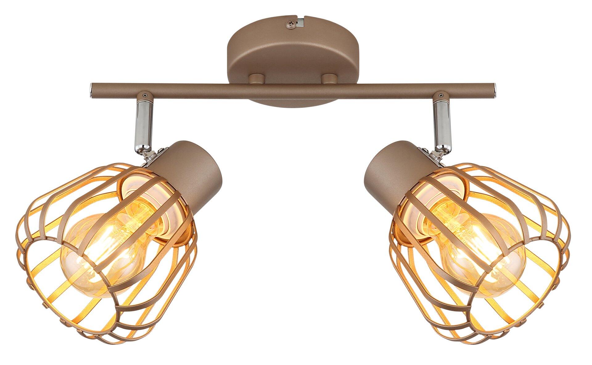 Deckenleuchte Strahler OLIN mit zwei schwenk- und drehbaren Kugeln aus goldenfarbenen Metallstreben, montiert an einem braunen Montagedeckel.