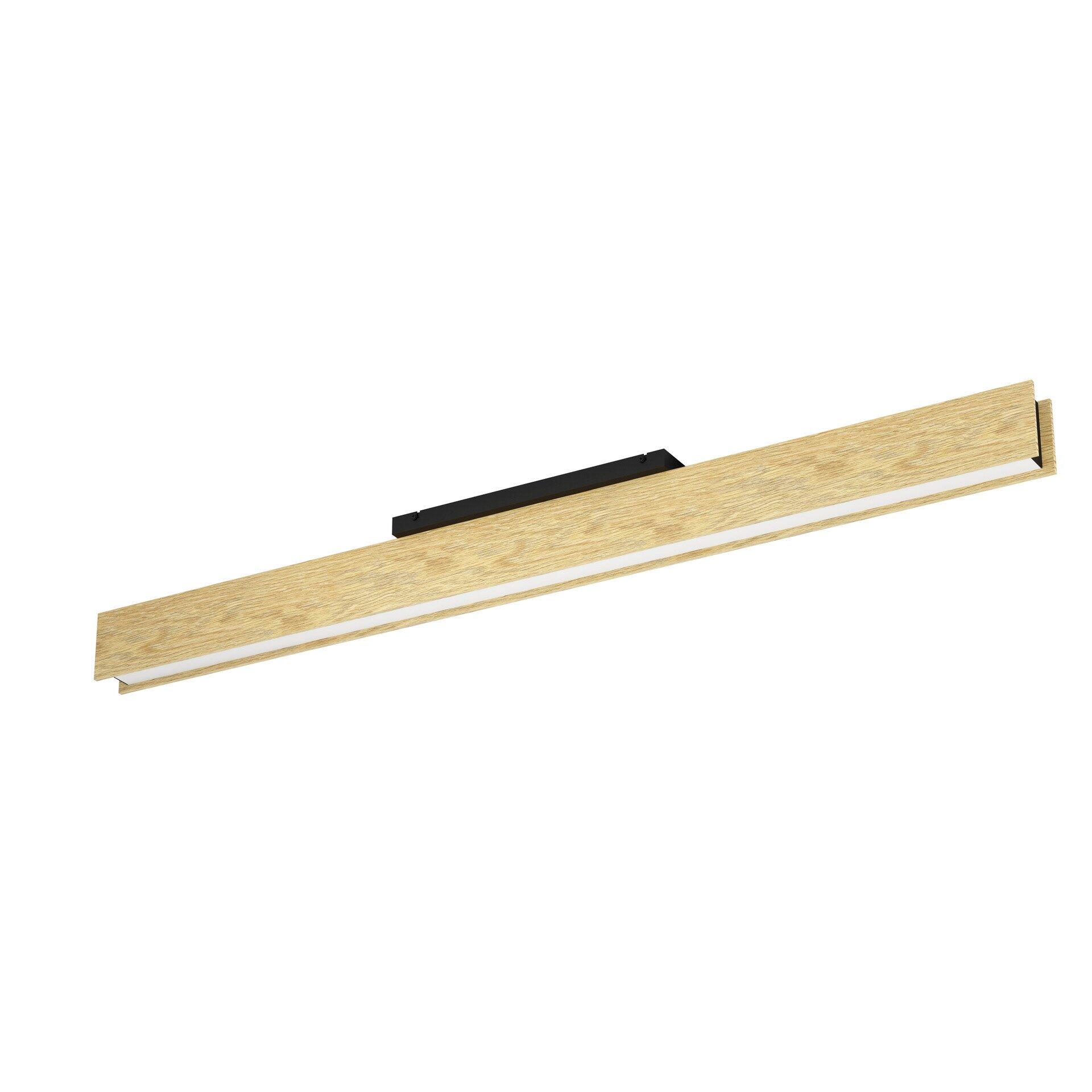 Deckenleuchte Anchorena-Z mit seitlicher Holzstruktur und schlanker Form, die von der Seitenperspektive ihre Länge betont und durch unterhalb liegendes LED-Licht erhellt wird.