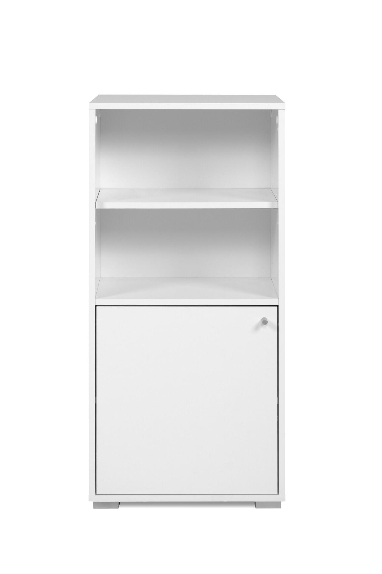 Weißes Regal Fyn 20C mit Aluminium-Griff und -Sockel, Frontalansicht mit Tür und offenen Fächern.
