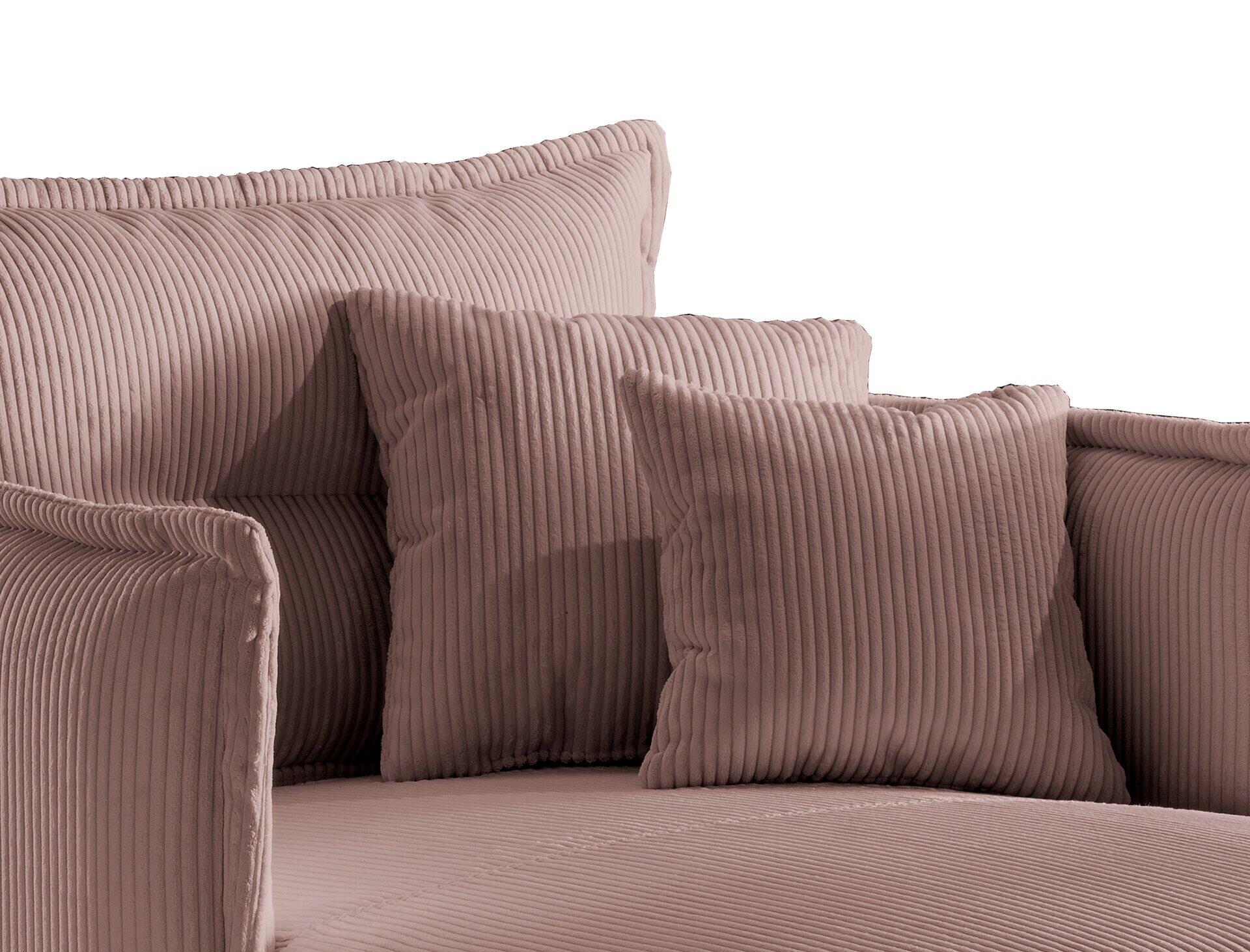 Loveseat Lava mit Cordbezug und quadratischen Kissen, Detailaufnahme der Armlehne und Rückenlehne, die die Textur des Stoffes betont.