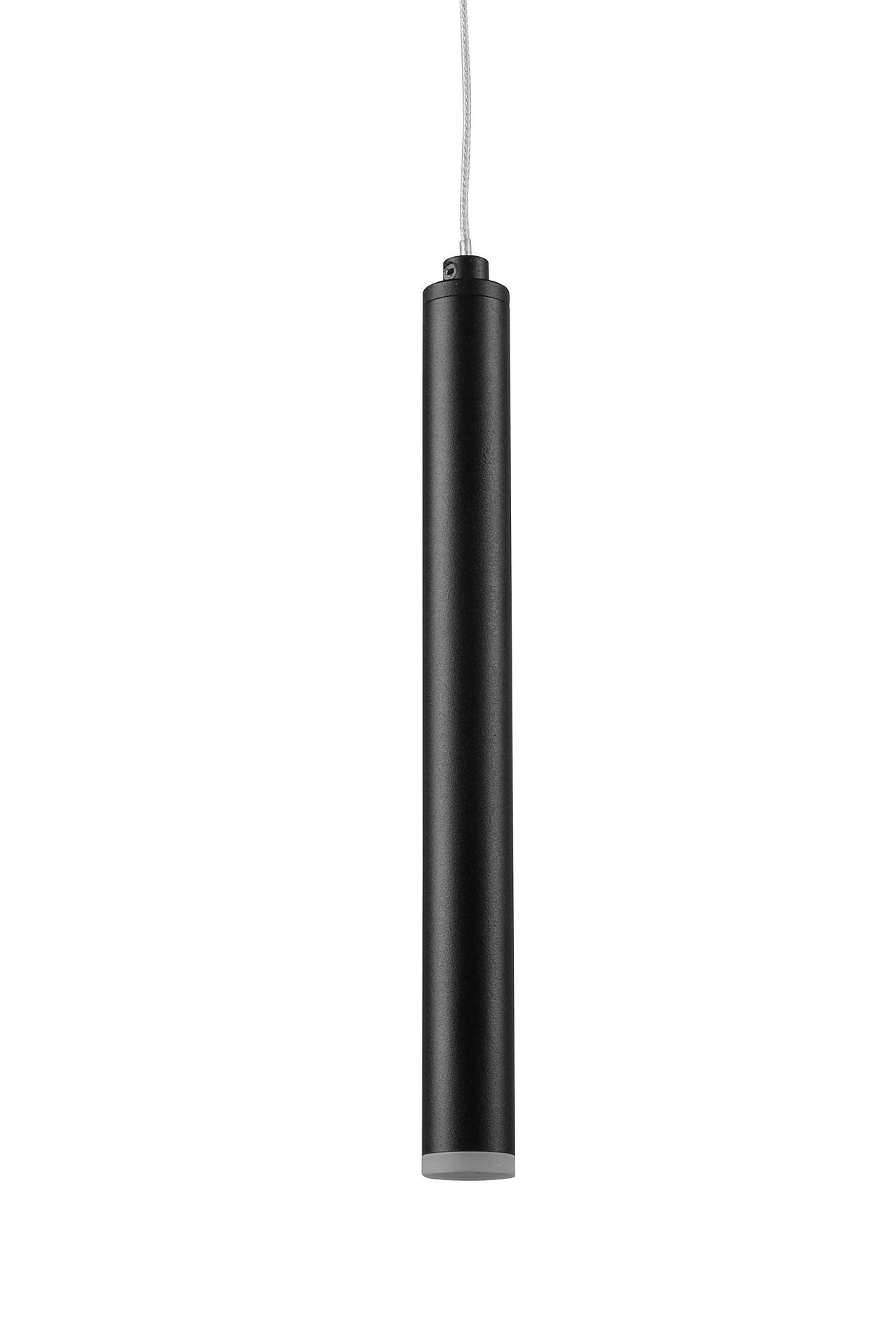 Pendelleuchte Tubular mit schwarzem, zylindrischen Leuchtenkörper und weißem Aufhängeband, frontal abgebildet und senkrecht zur Kamera.