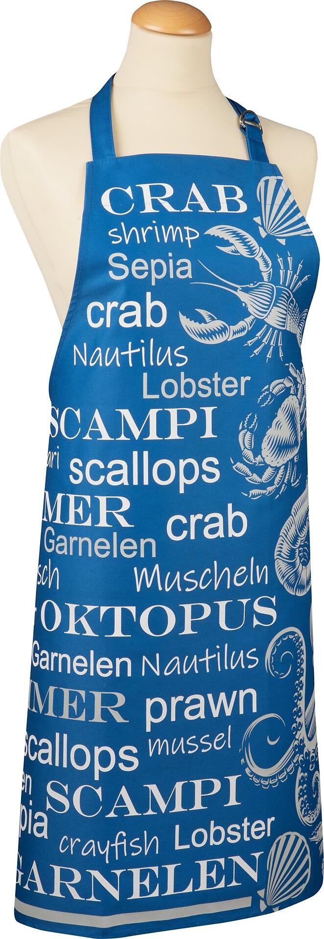 Nahaufnahme eines blauen Baumwollstoffes mit maritimem Motiv, das Krabben, Hummer, Sepia, Muscheln, Seepferdchen, Tintenfische und Garnelen zeigt.