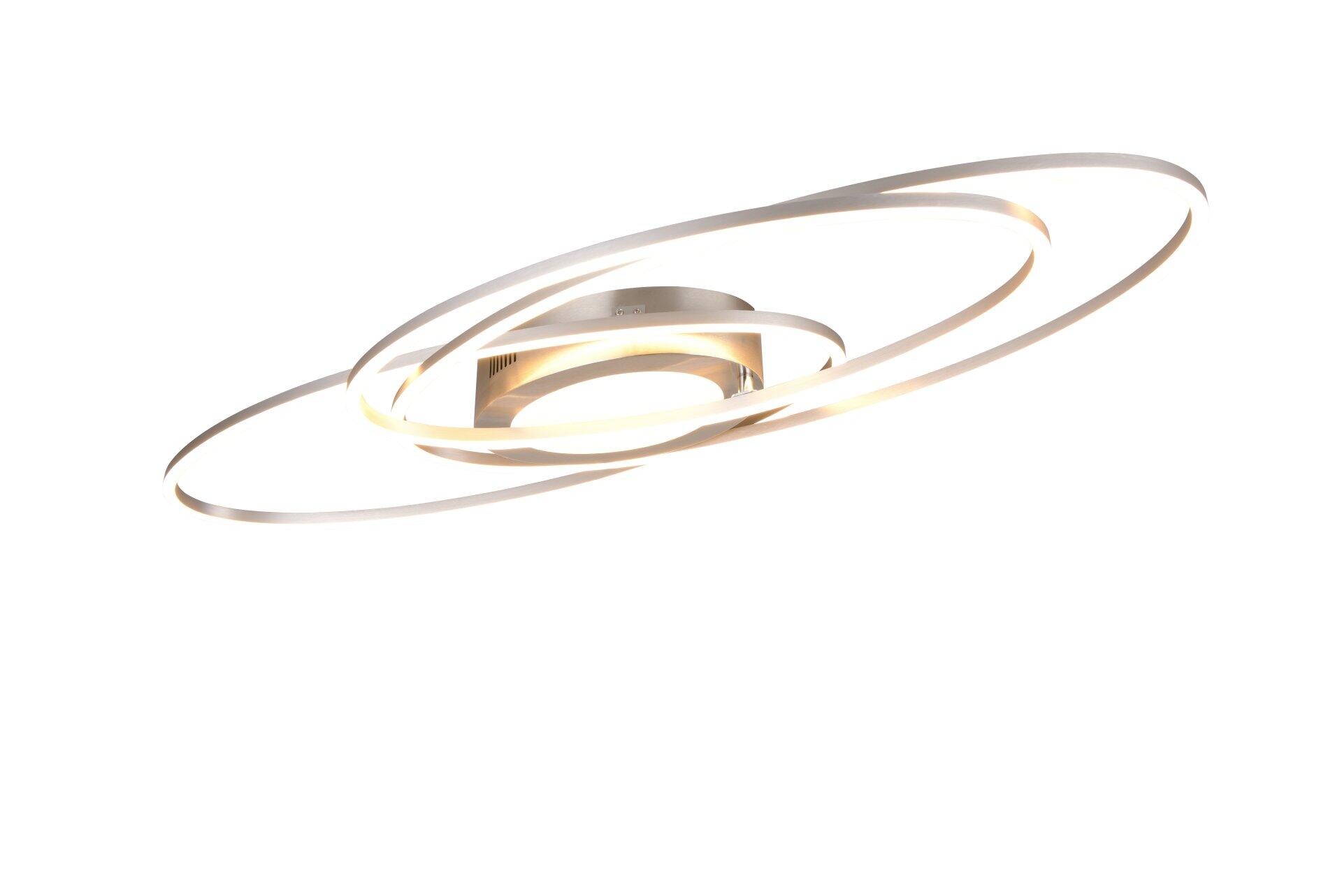 Moderne Deckenleuchte Ovine mit übereinander angeordneten, goldenen Ringen, die eine skulpturale Optik und indirekte Beleuchtung erzeugt.