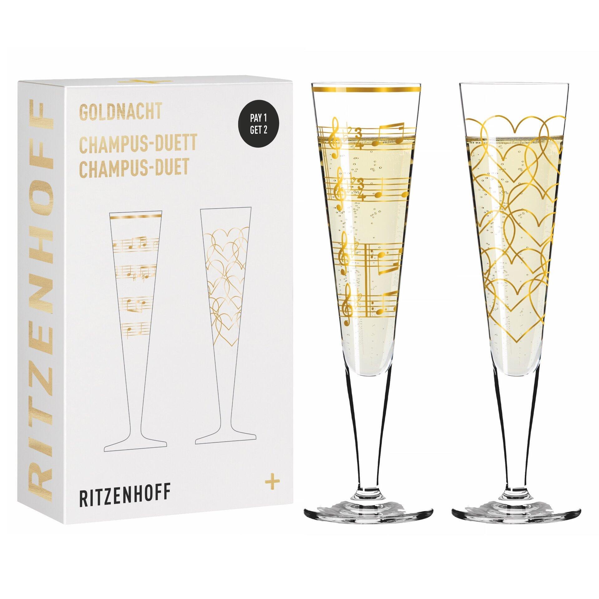 Zwei elegante Champagnergläser mit goldenem Notenlinien-Dekor aus dem 2-teiligen RITZENHOFF "GOLDNACHT CHAMPUS-DUETT" Set, dargestellt in einer frontalen Perspektive.