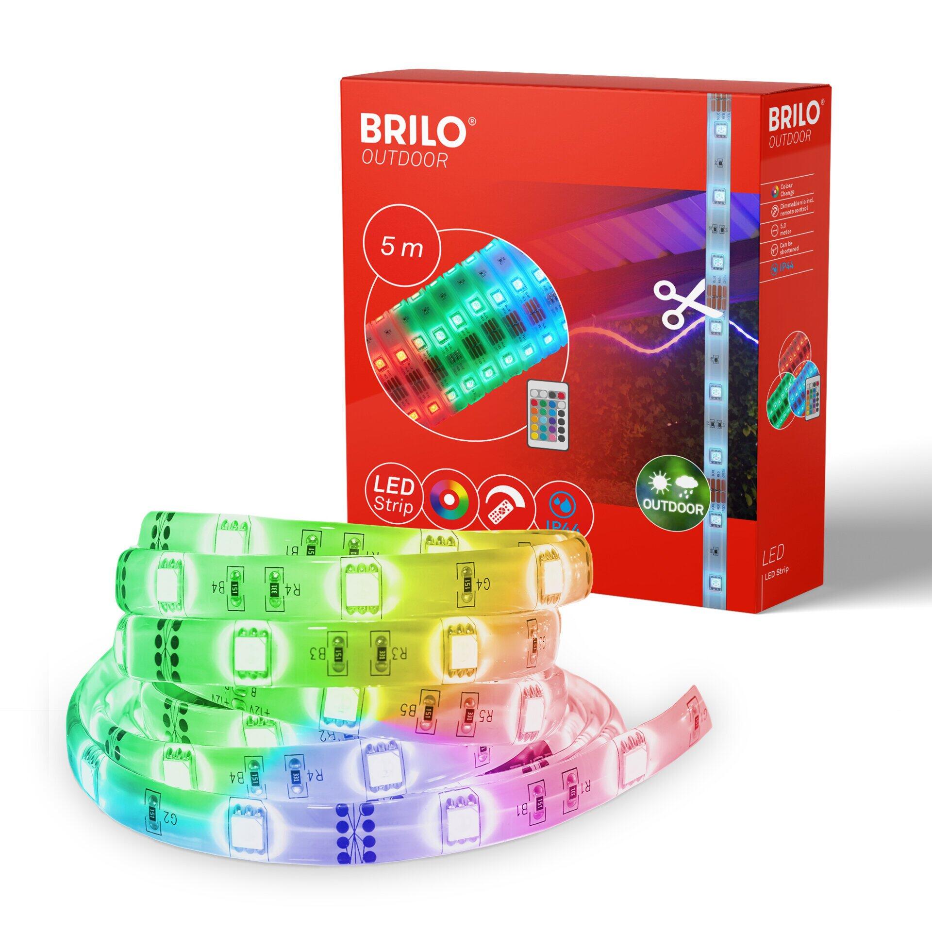 BRILLO LED Strip Outdoor in einer Rolle, die in verschiedenen Farben leuchtet und Funktionen wie Dimmen, Musiksynchronisation und Timer anzeigt.
