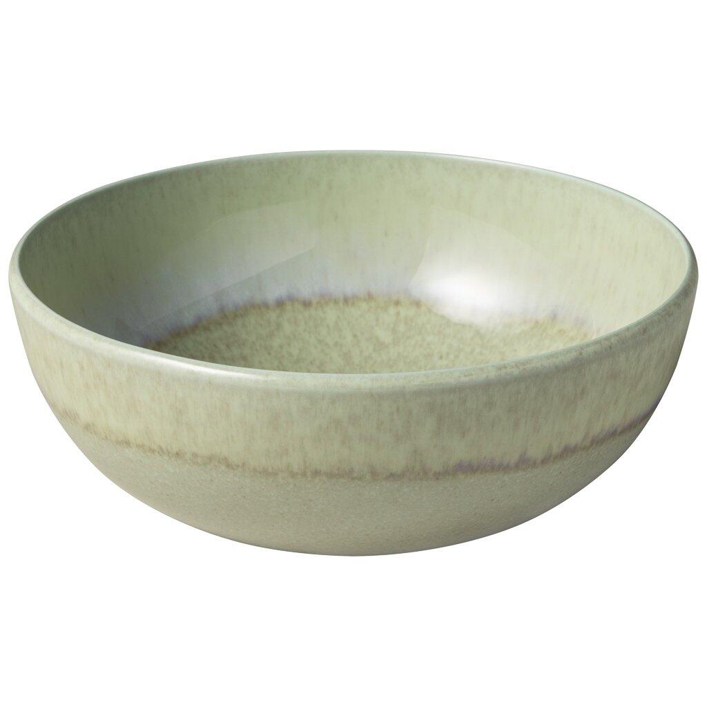 Keramikschale "Perlemor Alga" von Villeroy & Boch in cremefarbener Reaktivglasur mit braunen Akzenten, dargestellt in einer Frontalperspektive.