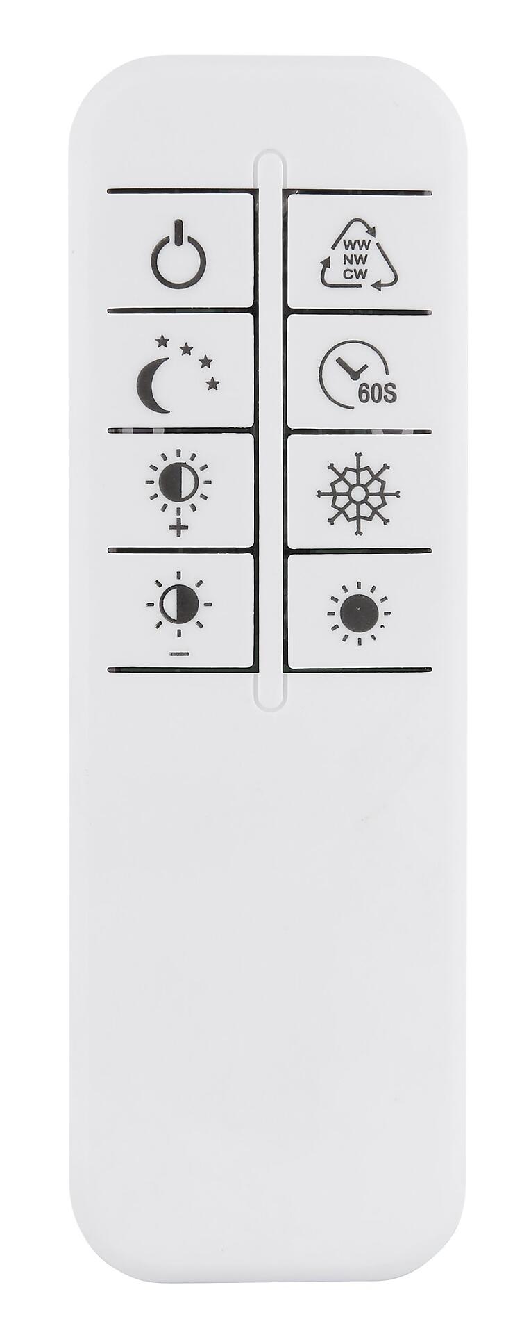 Fernbedienung für die LED Deckenleuchte MILES mit Symbolen für Timer, Drehfunktion, Beleuchtungssteuerung und Sternprojektion.