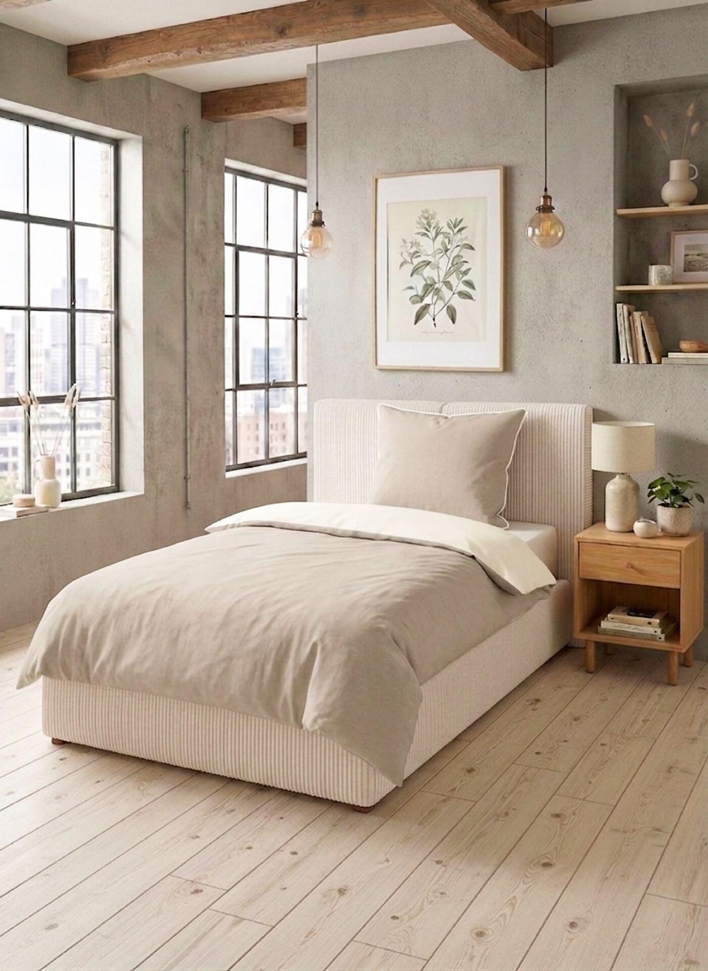 Bett mit hohem, gepolsterten Kopfteil in Beige, fotografiert aus erhöhter Seitenperspektive in einem hellen Schlafzimmer.