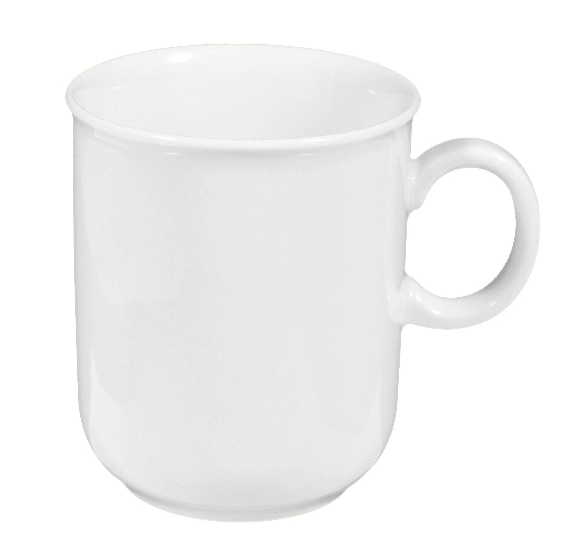 Weißer Compact Becher mit elegantem Henkel, präsentiert in einer schrägen Seitenperspektive, die die zylindrische Form und die glatte Oberfläche betont.