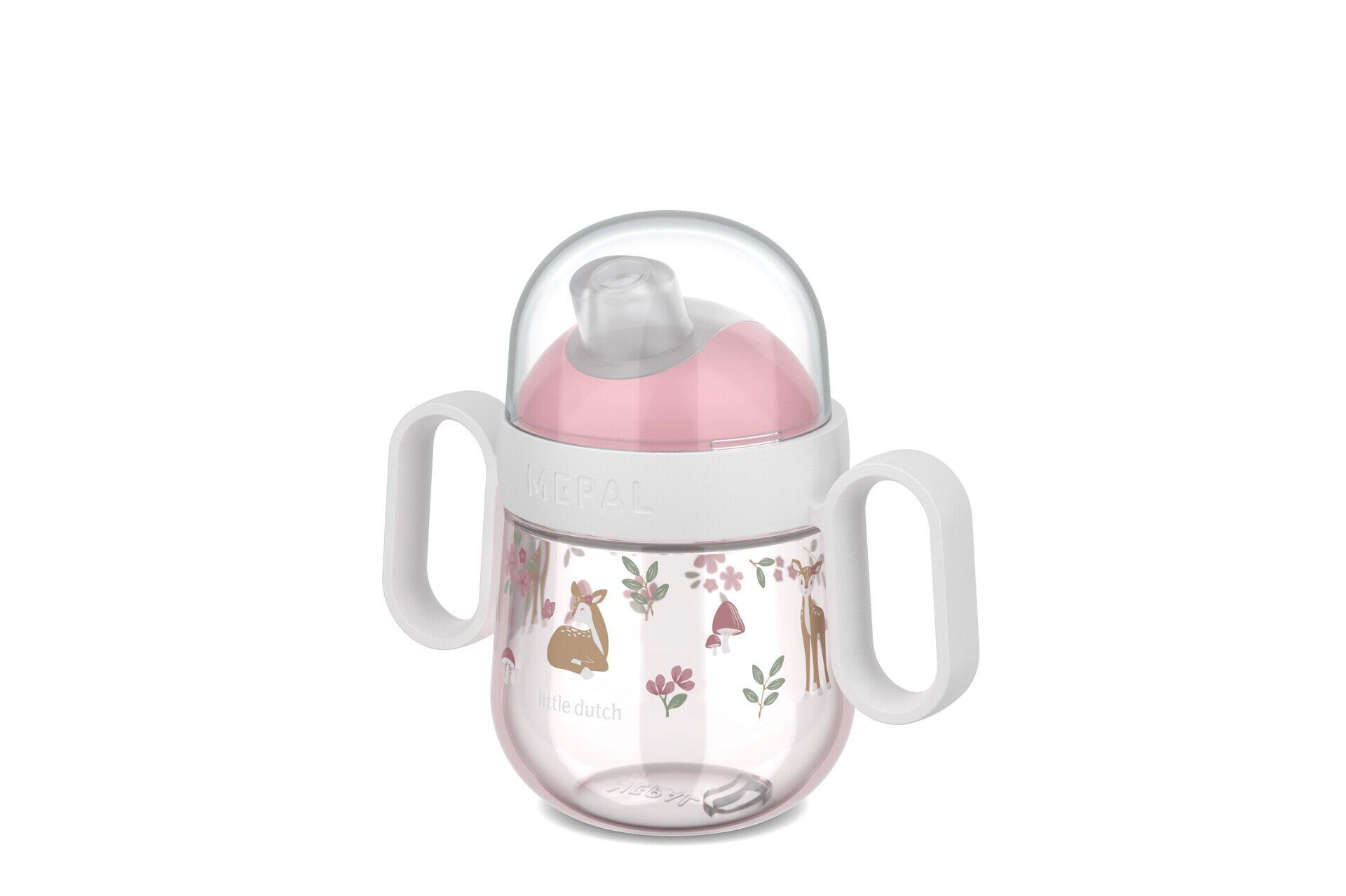 Pinkfarbener Trainingsbecher "Mio" von Little Dutch mit Tier-Motiv, zwei Henkeln und Silikon-Trinkhalm aus Frontalperspektive.