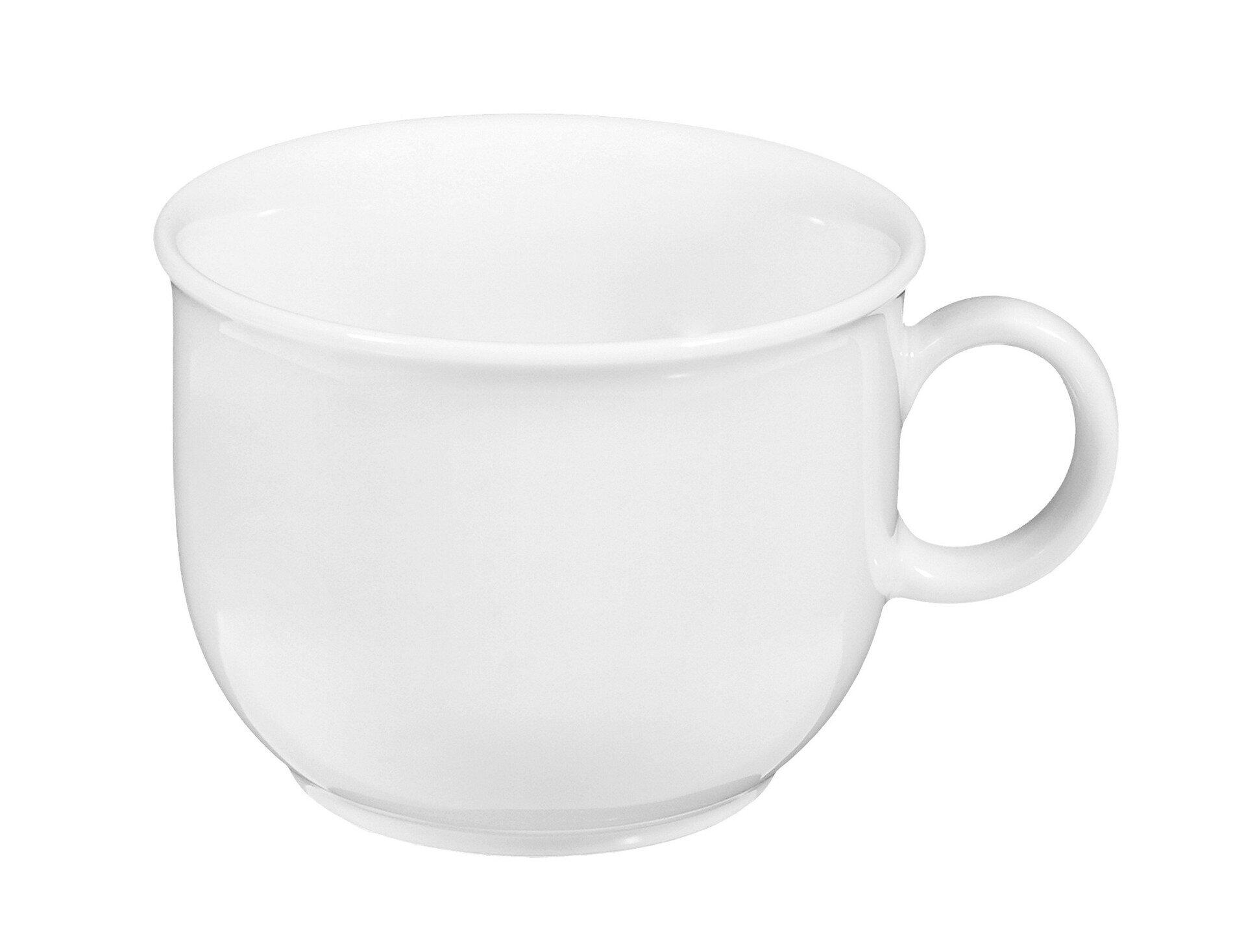 Kaffeeobertasse Compact mit rundem Henkel, in weißer Farbe und leicht konischer Form, detailliert aus nächster Perspektive.