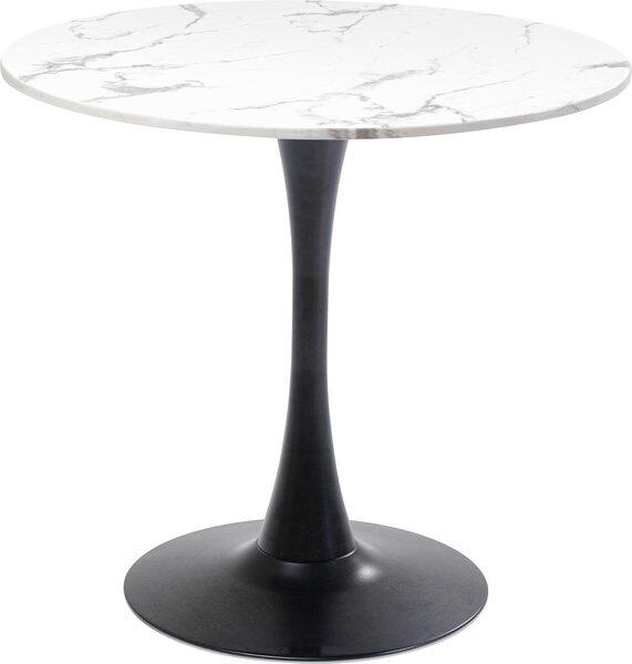 Runder Tisch Schickeria mit weißer Marmoroptik-Tischplatte und elegantem, schwarzem Metallfuß.