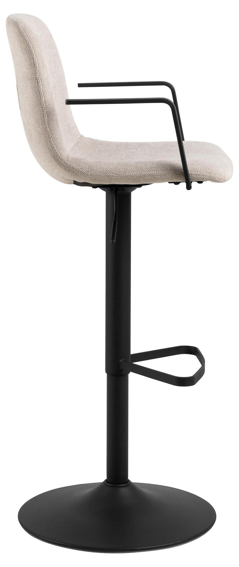 Barhocker Pablo mit gepolstertem Sitz, geschwungener Rückenlehne, Metallfußring und Höhenverstellung per Hebel.