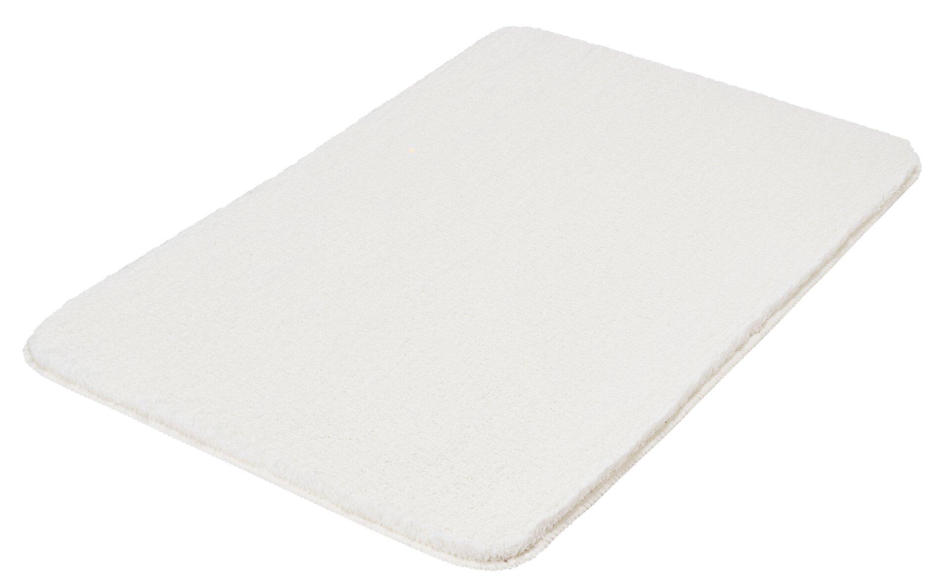 Weißer, rechteckiger Badteppich Marco aus flauschigem Polyester, aufgenommen aus der Vogelperspektive.
