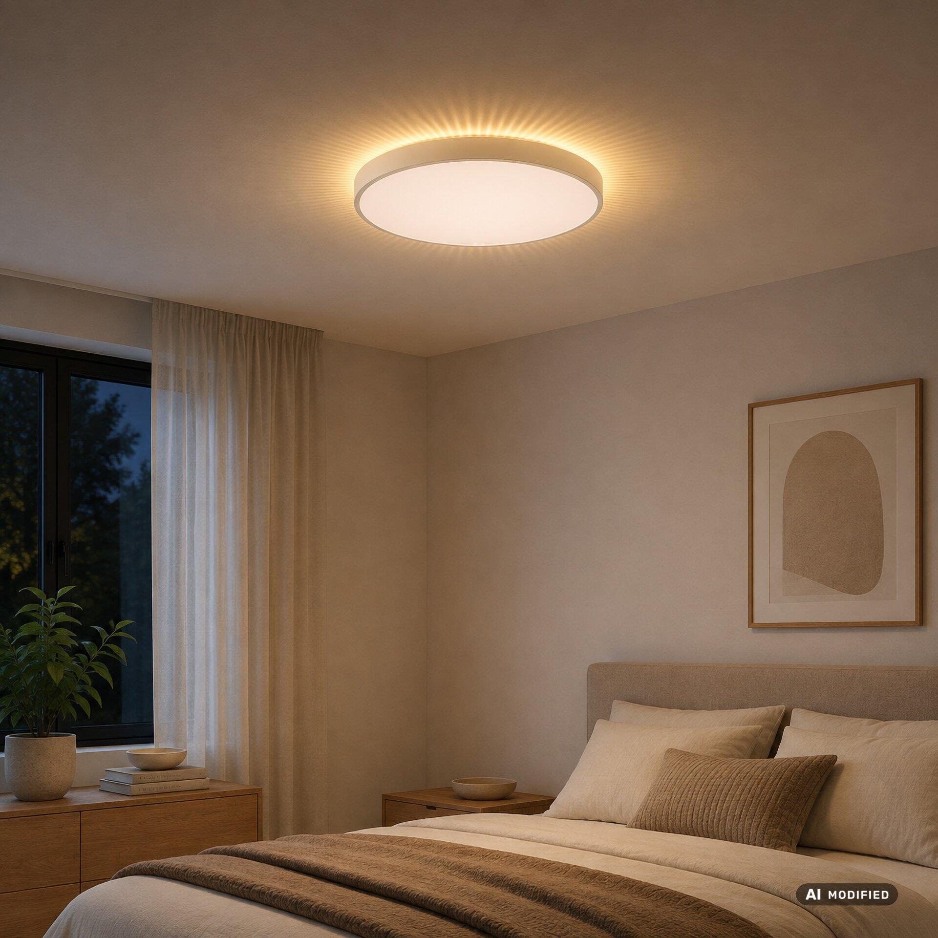 Deckenleuchte Solistra mit warmweißem Licht in einem Schlafzimmer, inklusive separierbarer Hintergrundbeleuchtung.