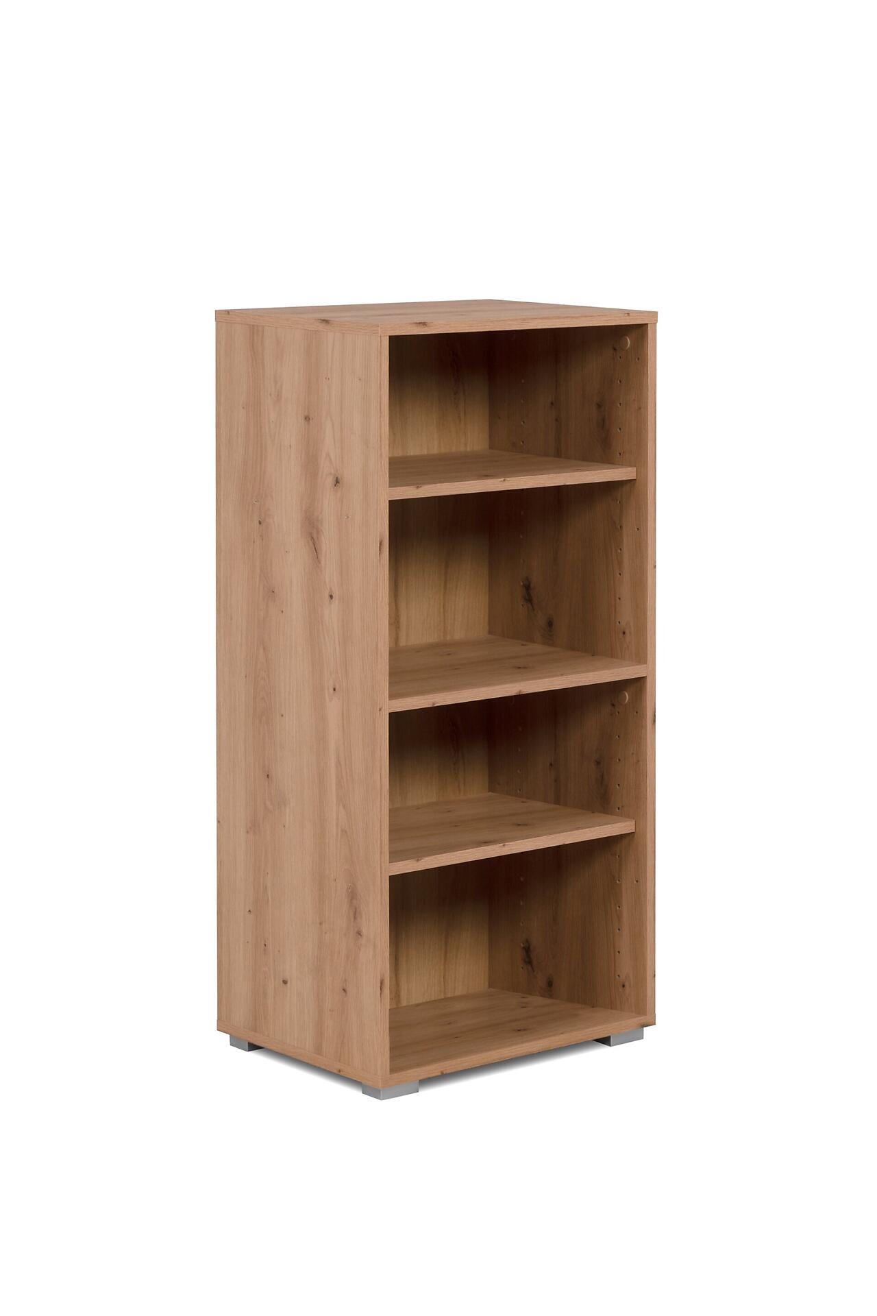 Freistehendes Regal Fyn 20A mit drei Einlegeböden und schlichter Aluminium-Griffoptik.