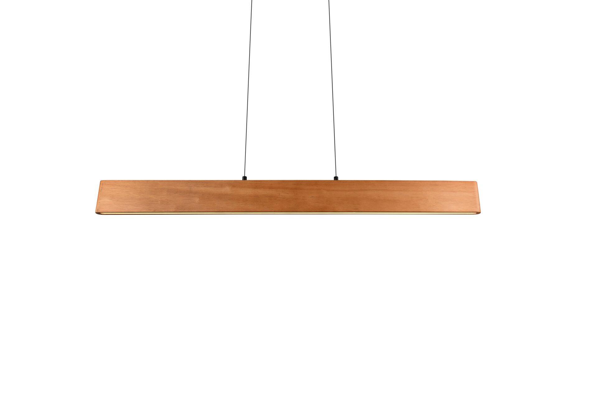 Pendelleuchte Edgewood mit rechteckigem, hellem Holzkorpus und abgerundeten Kanten, dargestellt in Frontalperspektive mit sichtbarer Maserung und goldener Lichtleiste an der Oberseite.