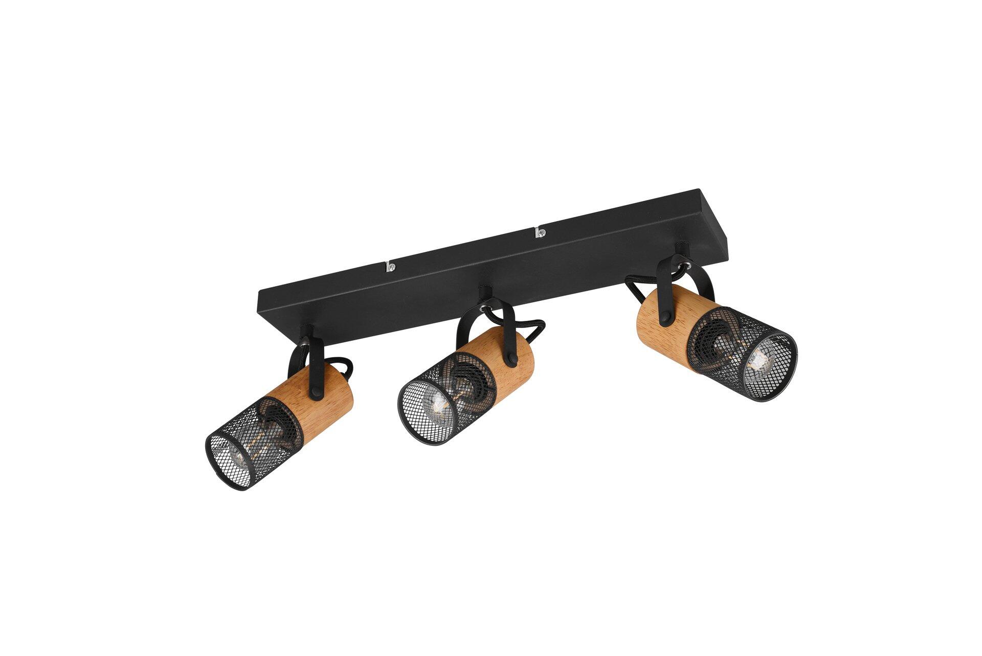 Dreifacher Wand- oder Deckenstrahler Tosh mit schwenkbaren Lampenköpfen, Holzimitat-Einsatz und Gittern, aus dem rechten Montagedock.