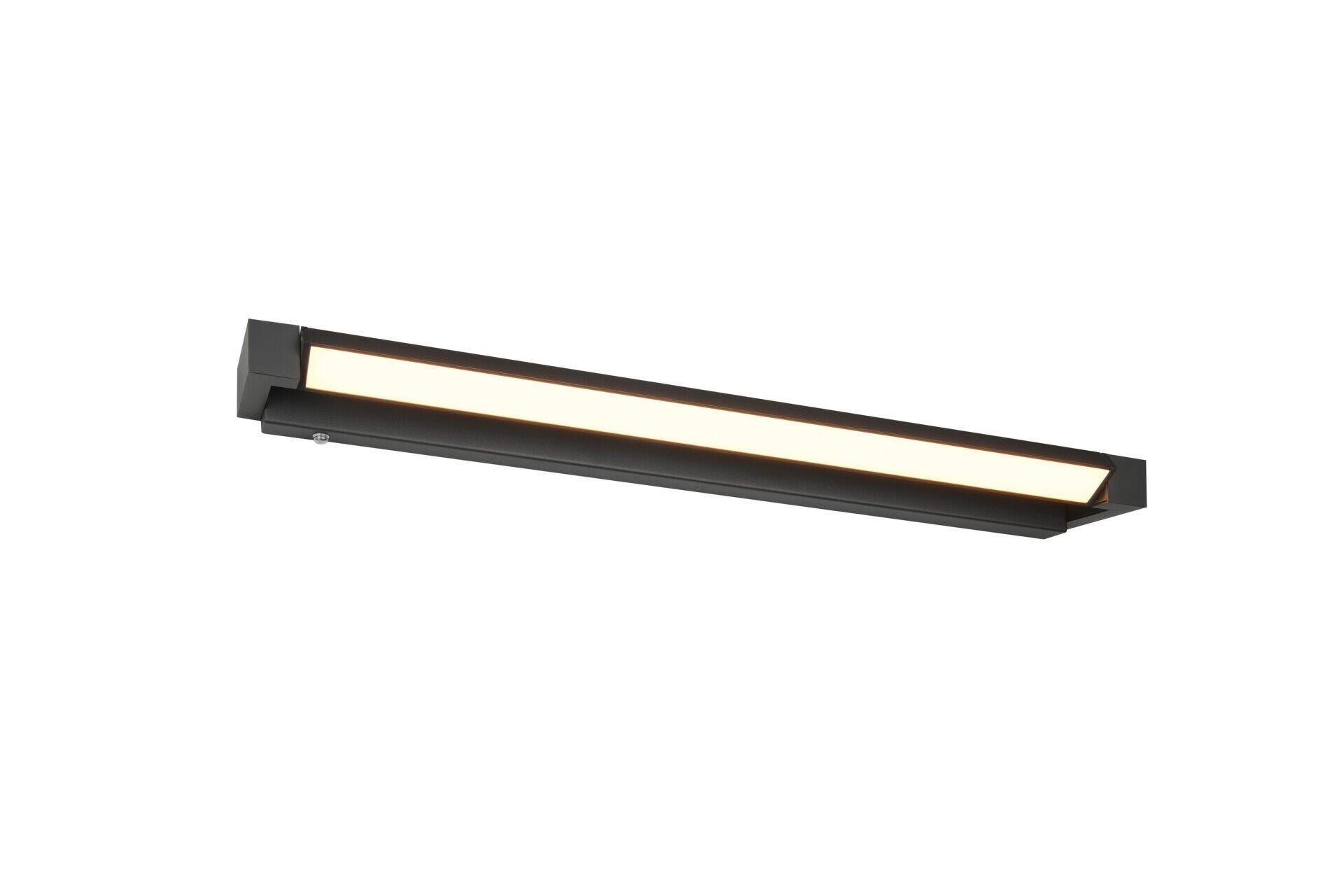 Wandleuchte Fabrizio mit schwarzem Rahmen und hellem LED-Leuchtband, das im Detail und frontal beleuchtet zeigt.