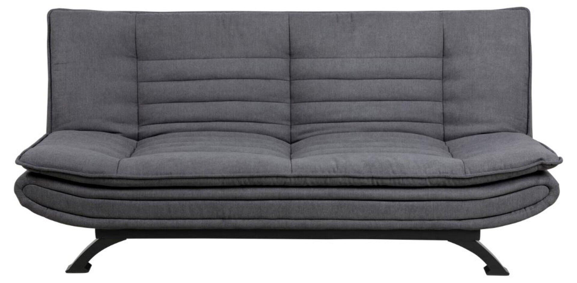 Schlafcouch Faith in Grau mit abnehmbarer Rückenlehne und abnehmbarem Sitzpolster, dargestellt in einer Frontalansicht mit vernähten Kissen auf der Rückenlehne und Stahlrohrfüßen.