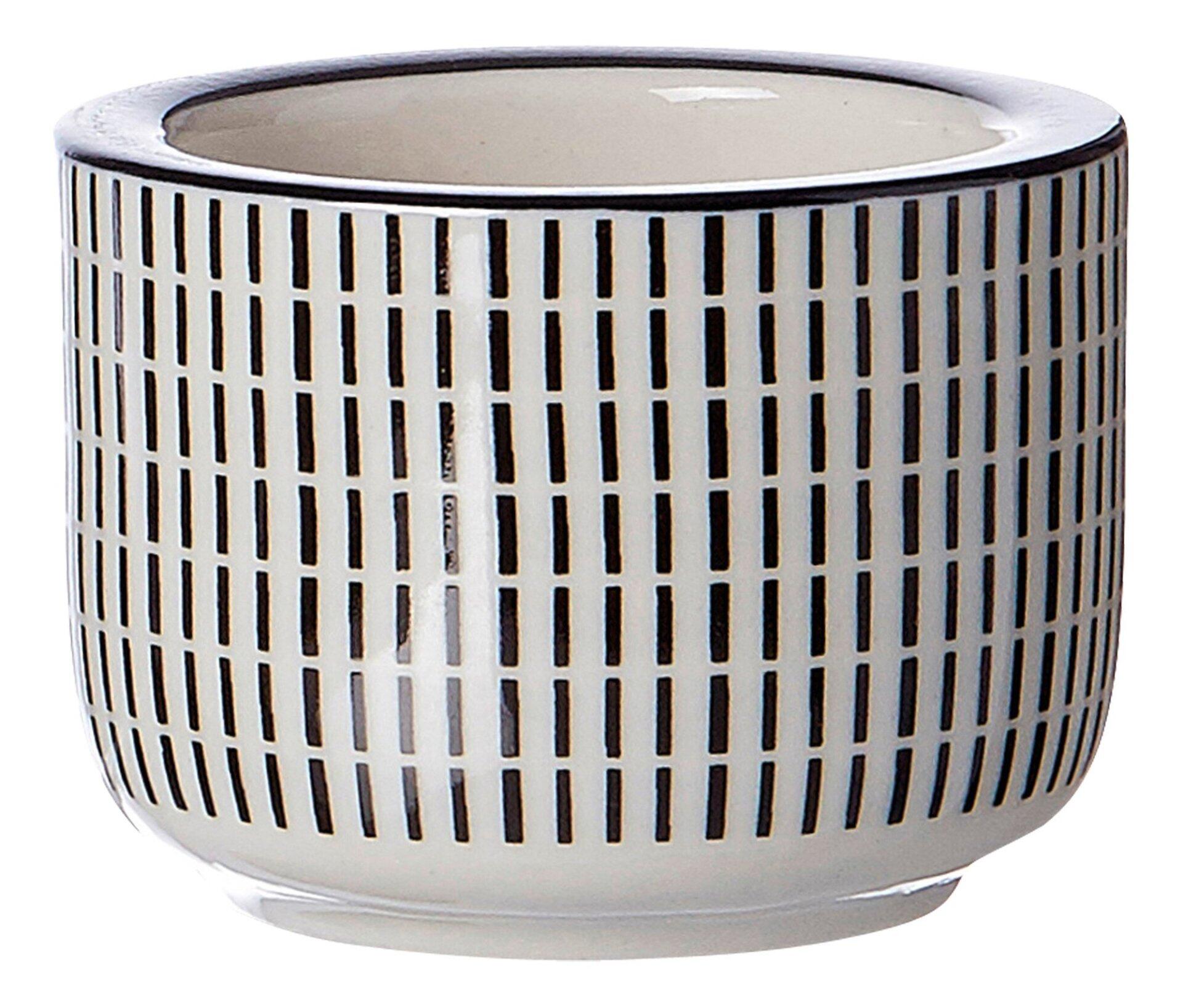 Keramischer Teelicht-/kerzenhalter Takeo Stripes mit vertikalen schwarzen Streifen in 3/4-Perspektive.