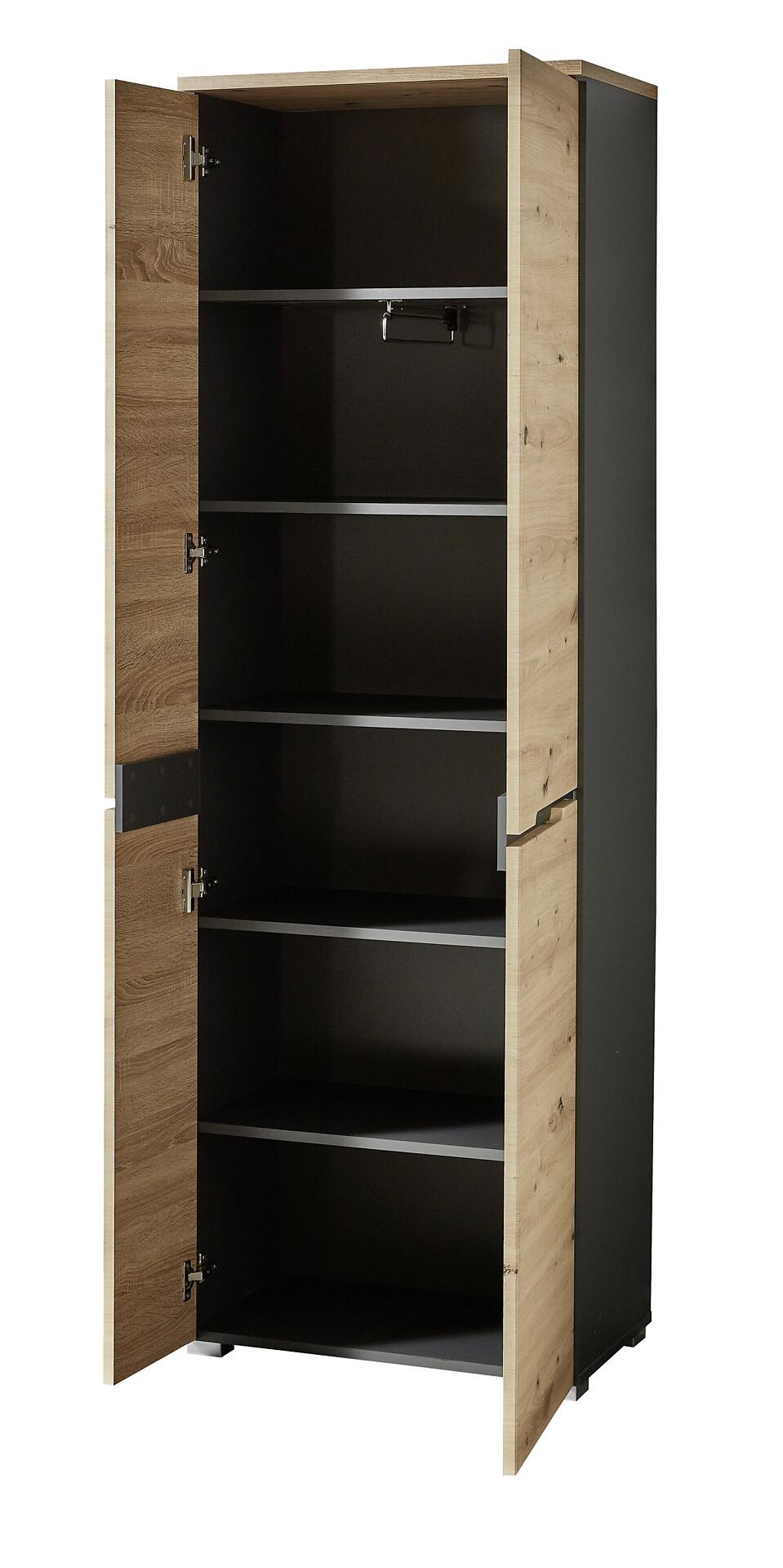 Garderobenschrank Detroit mit Artisan Eiche Front und anthrazitfarbener Tür, geöffnet mit sichtbarem Innenraum, Kleiderstange und mehreren Einlegeböden.