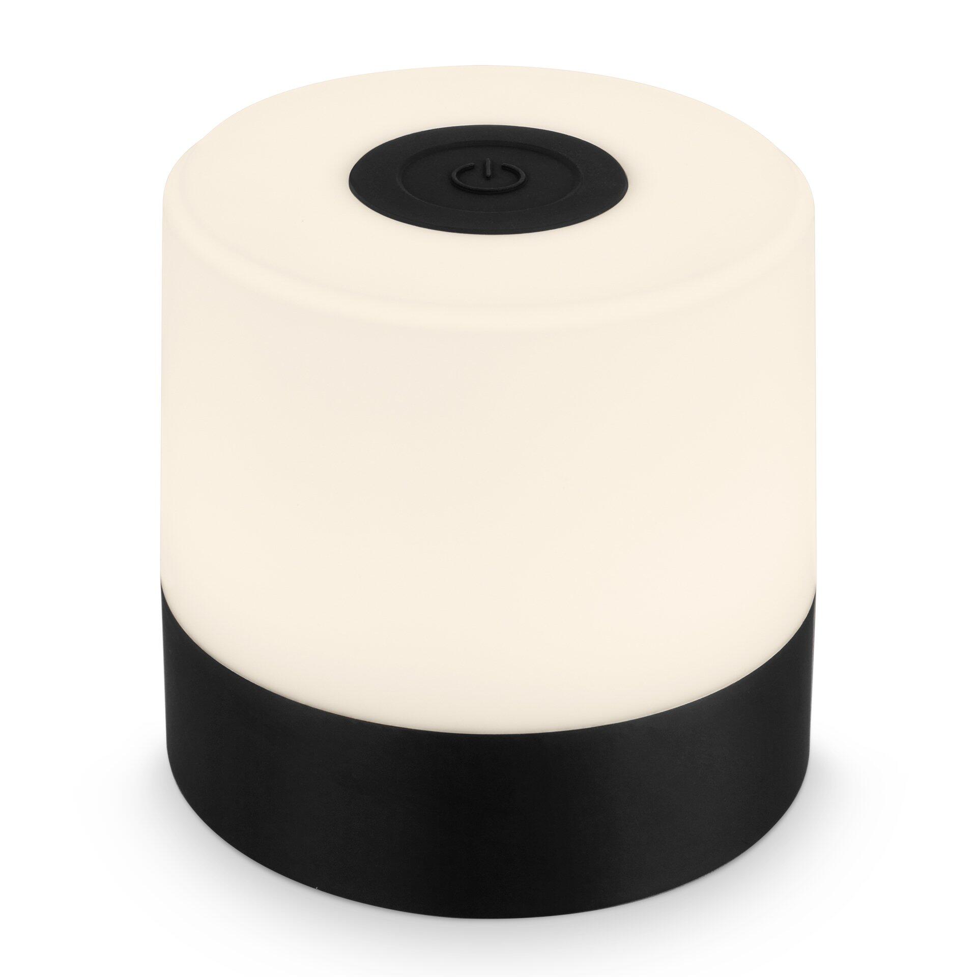 Tischleuchte Smal mit zylindrischem Design, weißem Leuchtenkopf und schwarzem Fuß, inklusive Touchdimmer zur Helligkeitsregulierung.
