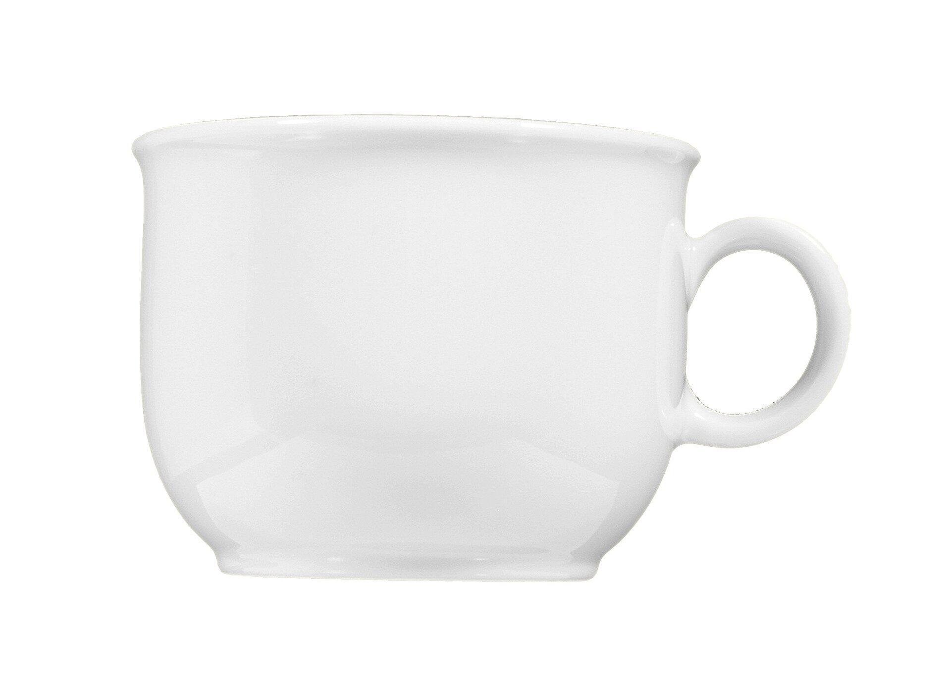 Weiße Kaffeeobertasse "Compact" mit konischer Form, ausgestellt am oberen Rand und massivem Henkel, seitlich im Dreiviertelanschnitt dargestellt.