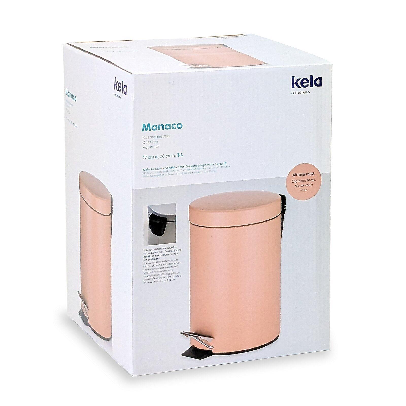 Kosmetikeimer Monaco mit rundem, silberfarbenem Rahmen und neigbarem, weißen Kunststoffsockel auf einem hellrosa Tisch.