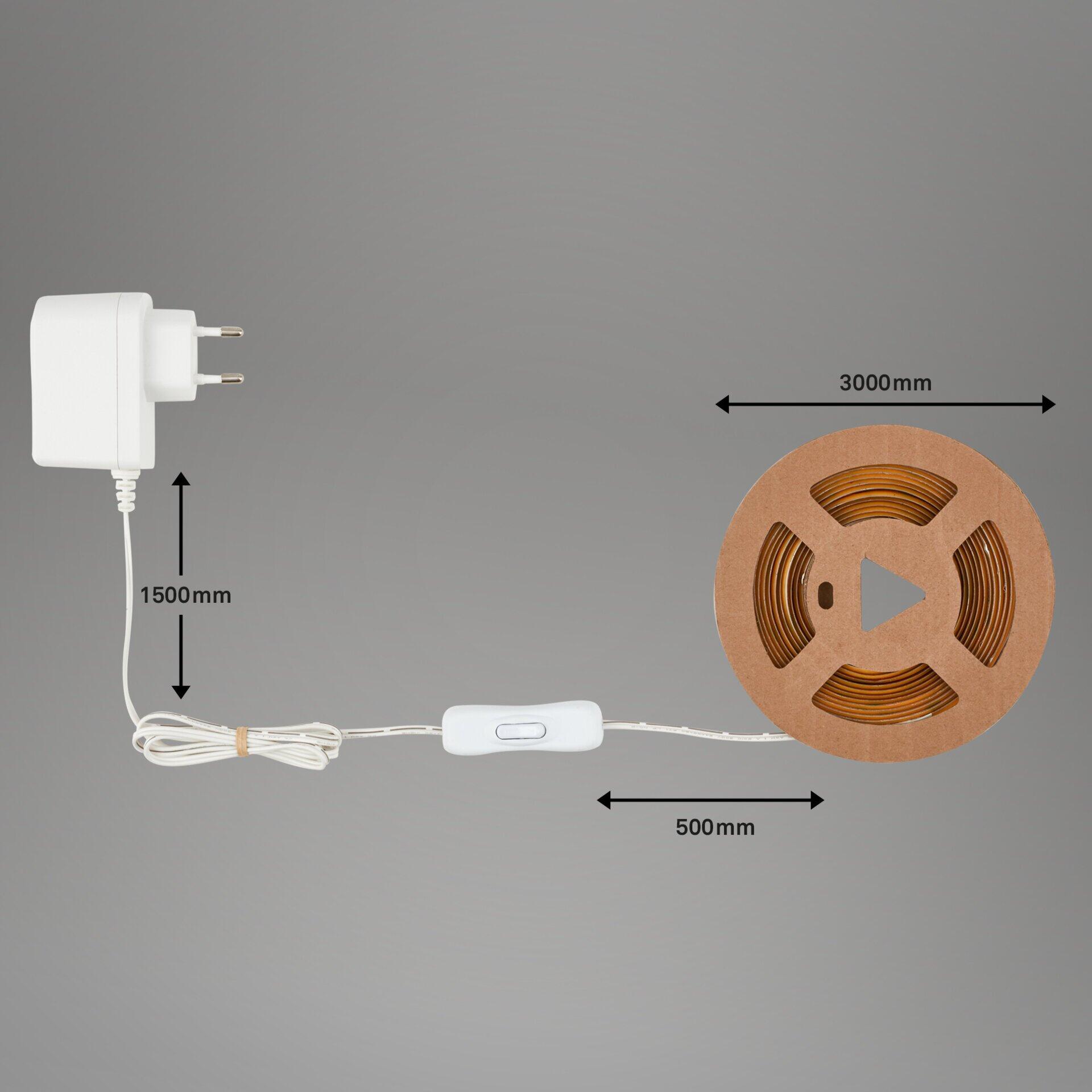 BRILO LED Band Stripe auf Spule mit Netzteil und Ein- / Ausschalter, inklusive Größenangaben.