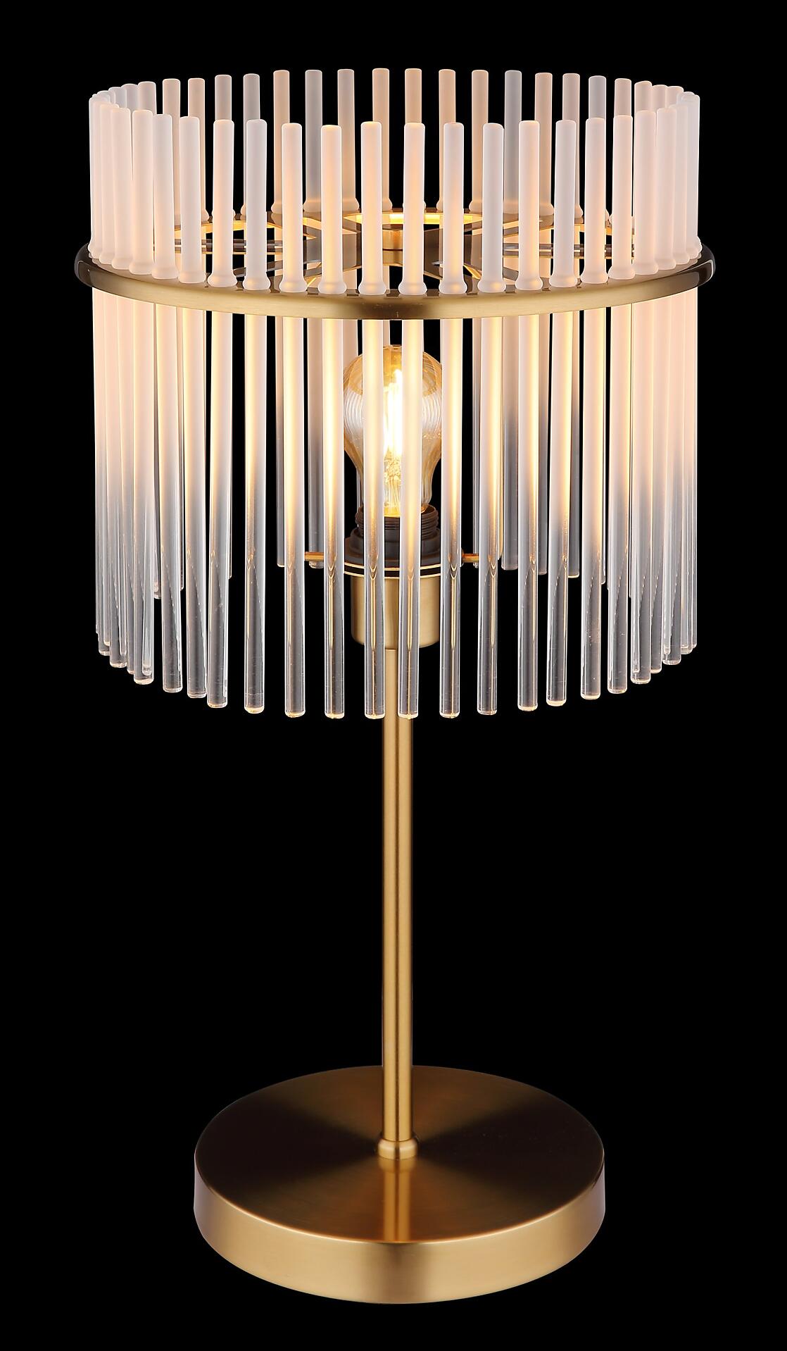 Tischleuchte GORLEY mit goldenem Fuß, Metallstab und Lampenschirm aus vertikal angeordneten Glasstäben, die ein diffuses Licht erzeugen.