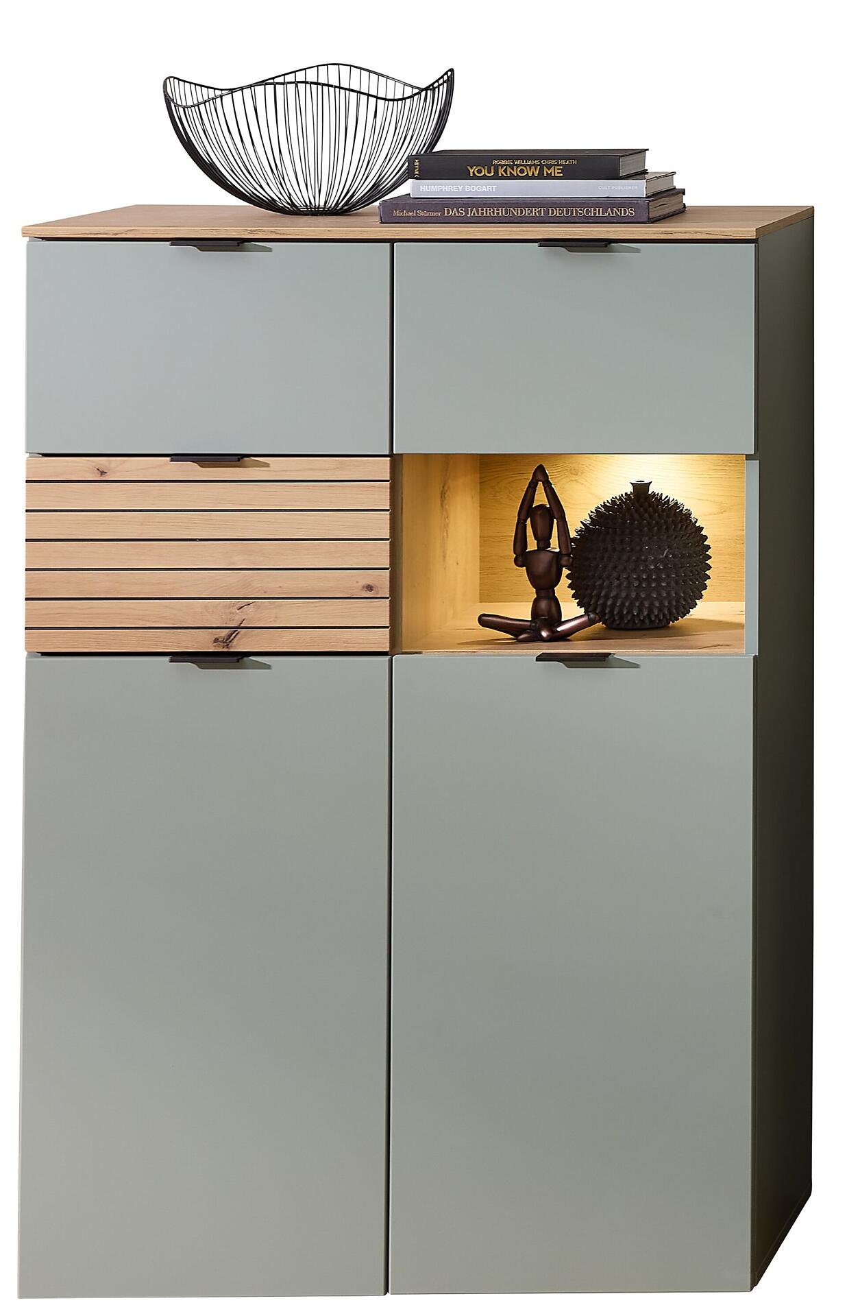 Highboard Ina mit Artisan-Eiche-Ablagefläche, Schubkästen mit Griffmulden und grifflosem Design.