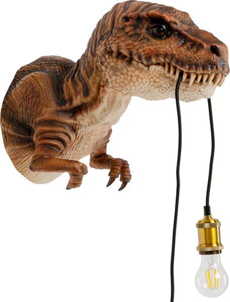 Detailreiche Wandleuchte Animal Dino in Form eines T-Rex-Kopfs im ¾-Ansicht mit beleuchteten Augen und Maul, verbunden mit einem schwarzen Kabel und messingfarbener Fassung.