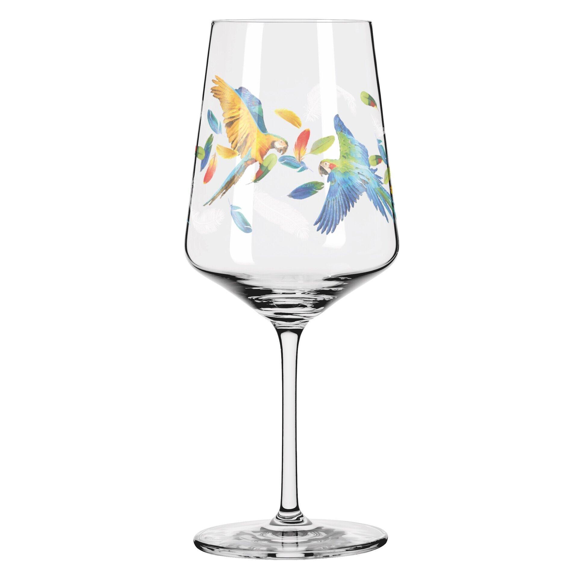 Hoch aufragendes Aperitifglas mit elegantem, geschwungenem Rand und farbenfrohem Papageienmotiv, dargestellt in Frontalperspektive.