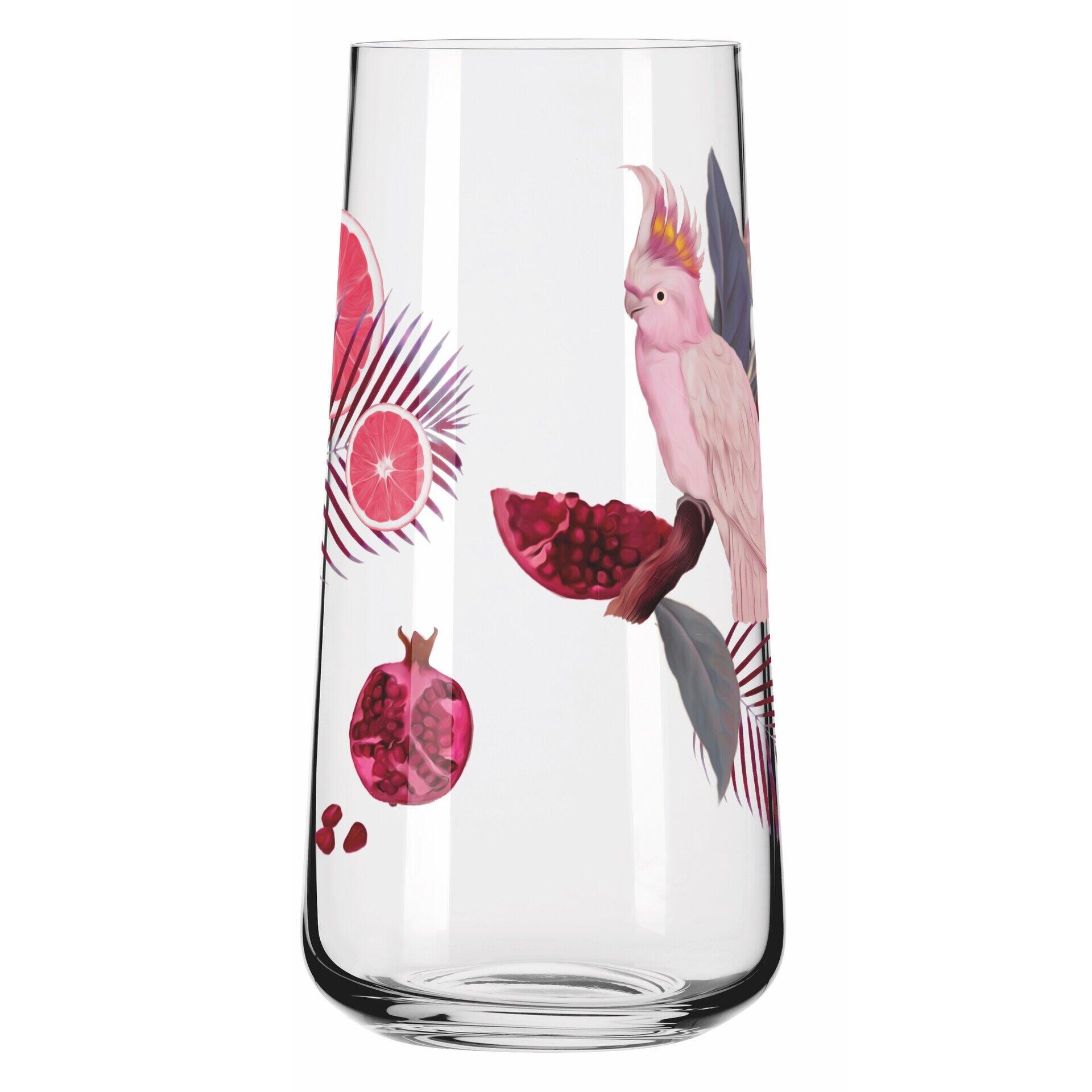 Universalglas-Set: Hohe, zylindrische Glasvase mit aufgedrucktem Motiv aus rosa Kakadu, Granatapfel und Blättern, frontal abgebildet.