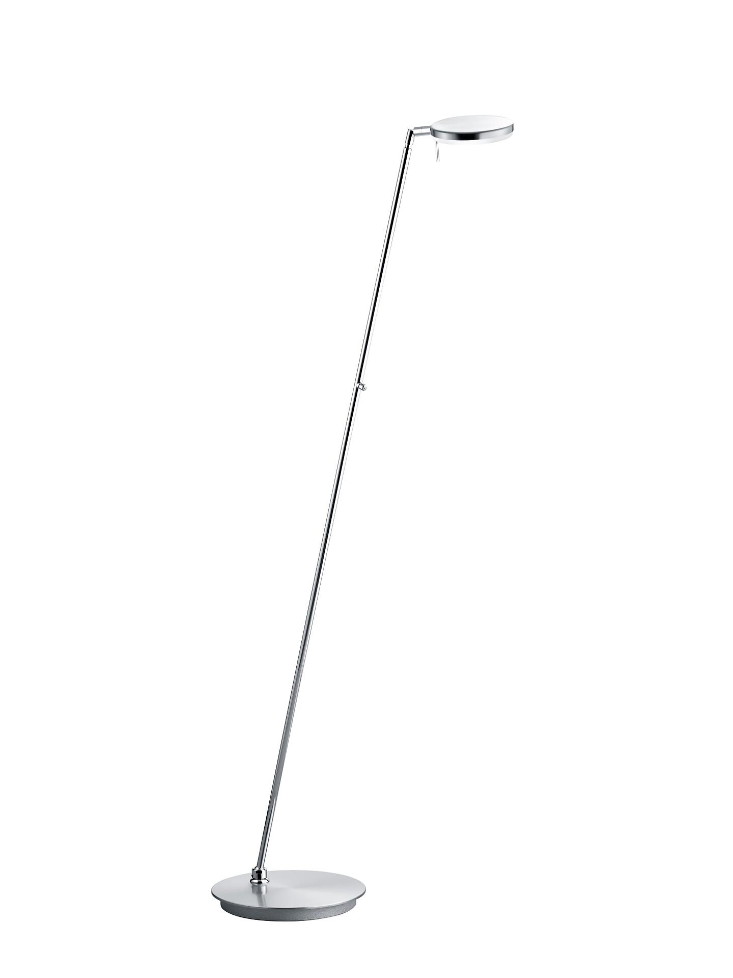 Stehleuchte Omega mit modernem, flachem Acryl-Schirm und schlankem Metallstab, die ihre Höhe und Form in Seitenansicht betont.