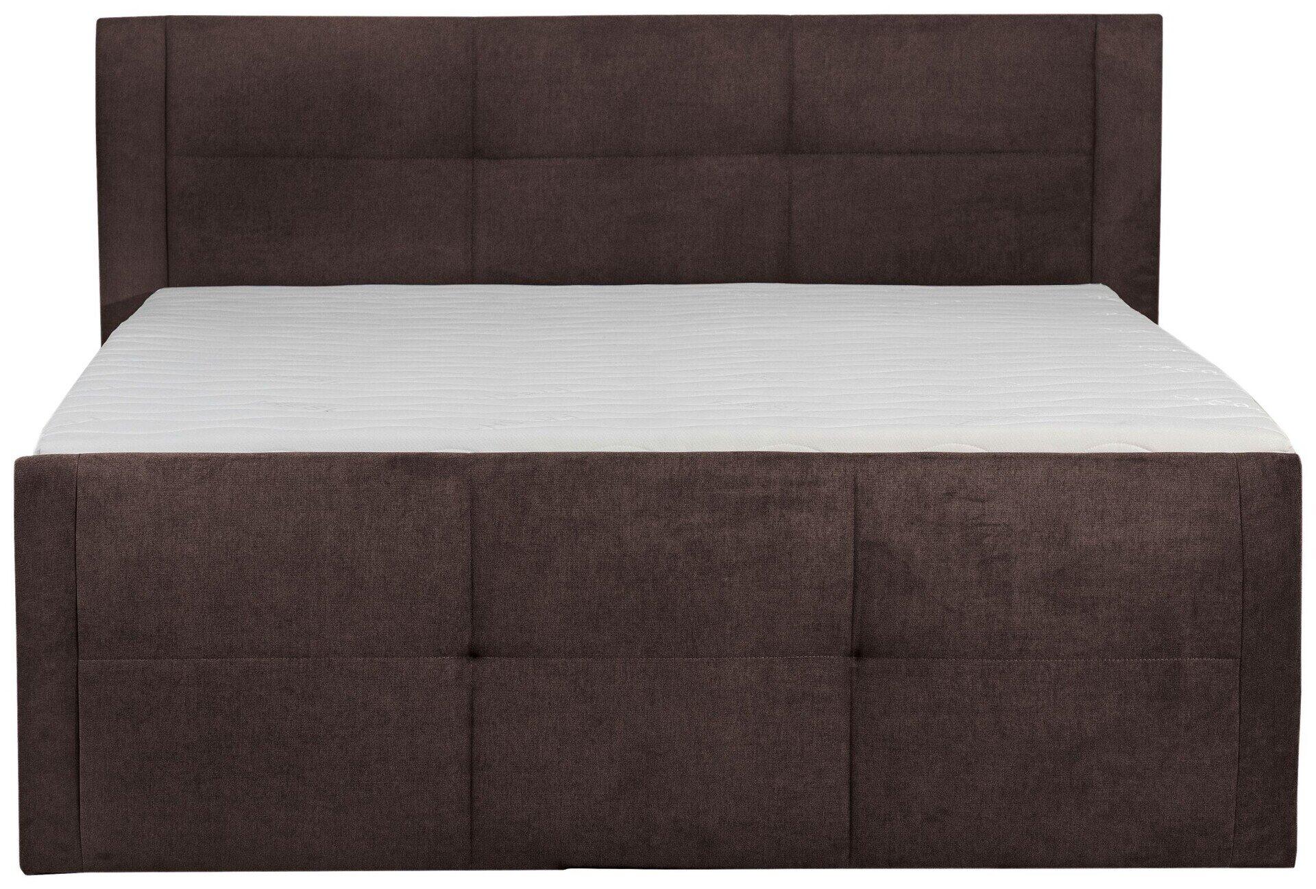 Boxspringbett Limos 2 mit gestepptem, dunkelbraunem Bettrahmen und weißer Matratze in Frontalperspektive.