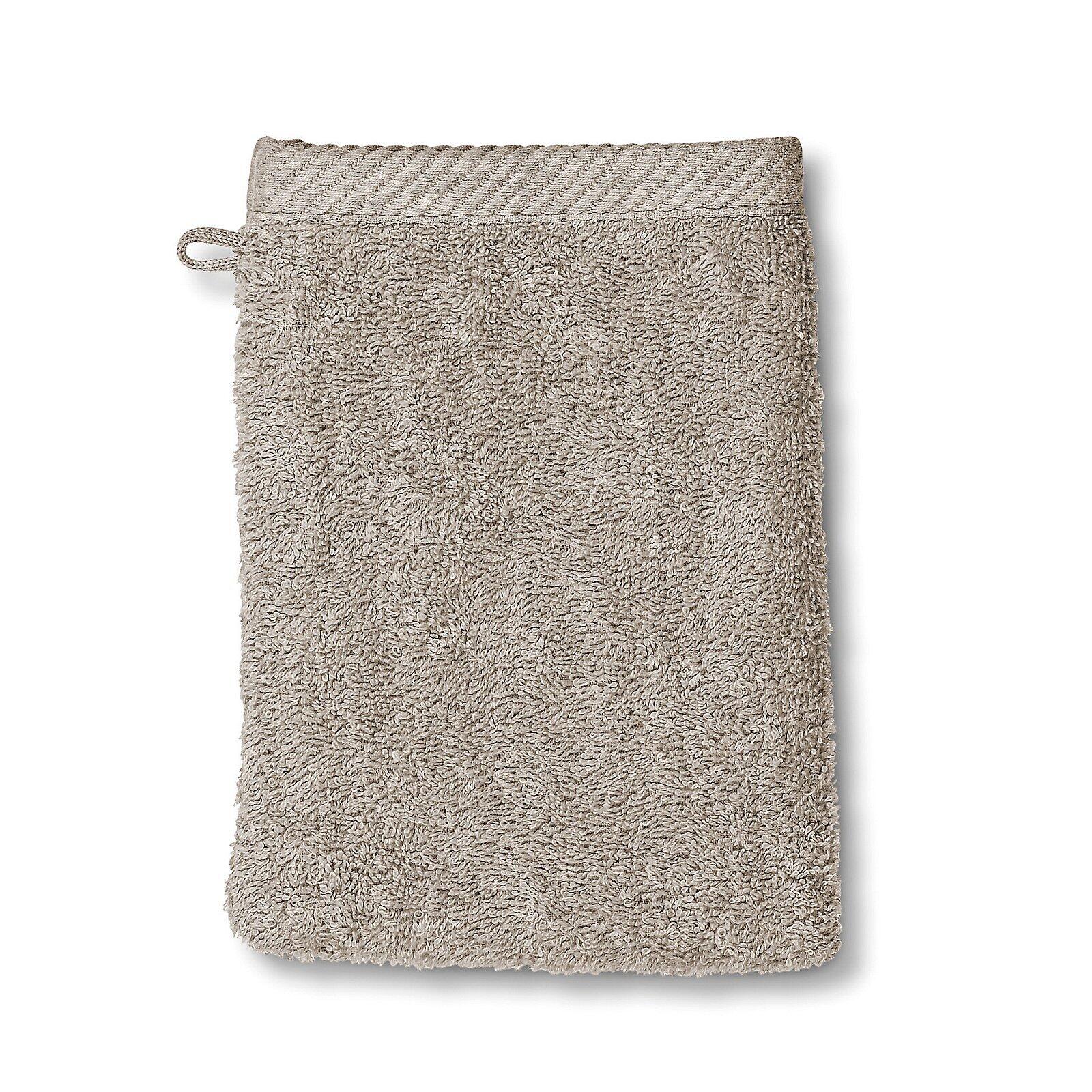 Waschhandschuh Ladessa: Rechteckiger, beige Handwaschlappen mit gewebter Struktur und Aufhängeschlaufe.