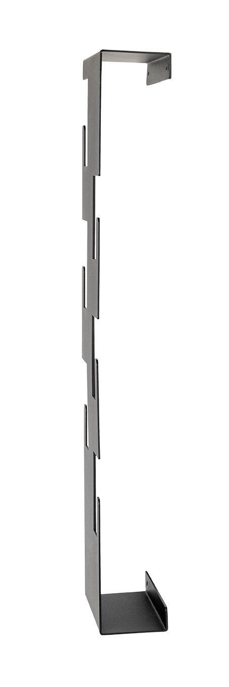 Schwarze Wandgarderobe aus Stahl mit L-förmiger Bauweise und Aussparungen zur vertikalen Lagerung von Medien, sowie Befestigungslöchern für die Wandmontage.