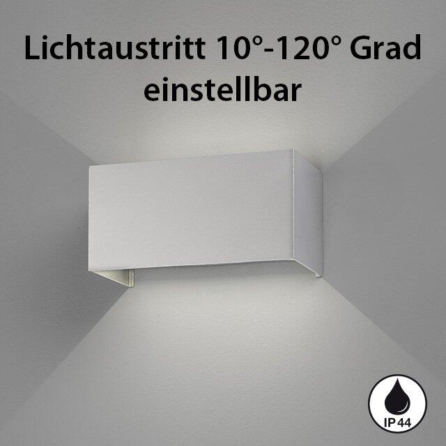 Wallo Wandleuchte mit eckigem, in 10-120 Grad einstellbarem Korpus und IP44-Schutz.