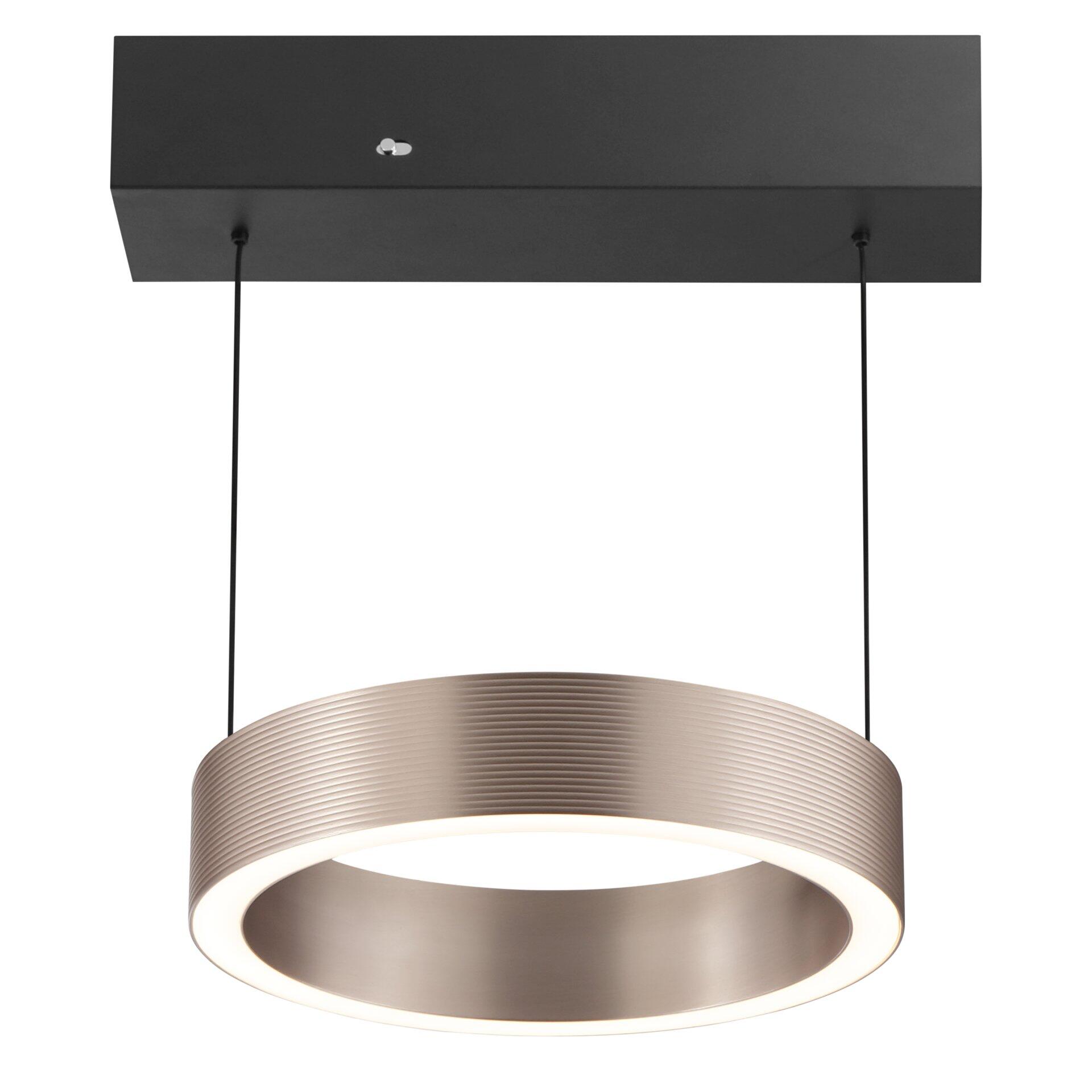 Pendelleuchte Axion mit gebürstetem Metallring und vertikalen Rillen, dimmbar und mit Kippschalter an der Deckenmontage.