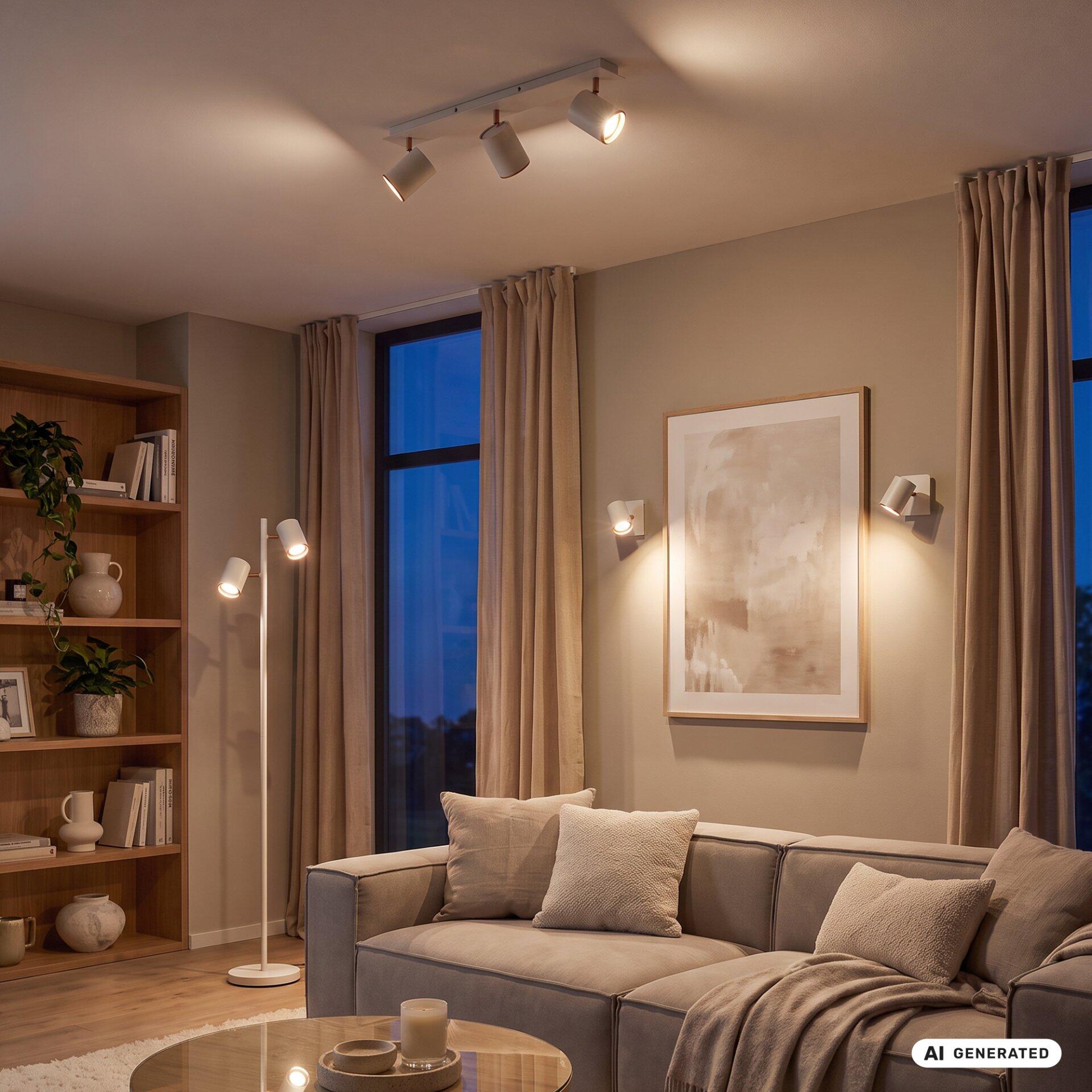 Stehlampe Spot, Era, im Wohnzimmer neben einer grauen Couch, die den Raum mit ihrem warmen Licht erhellt.