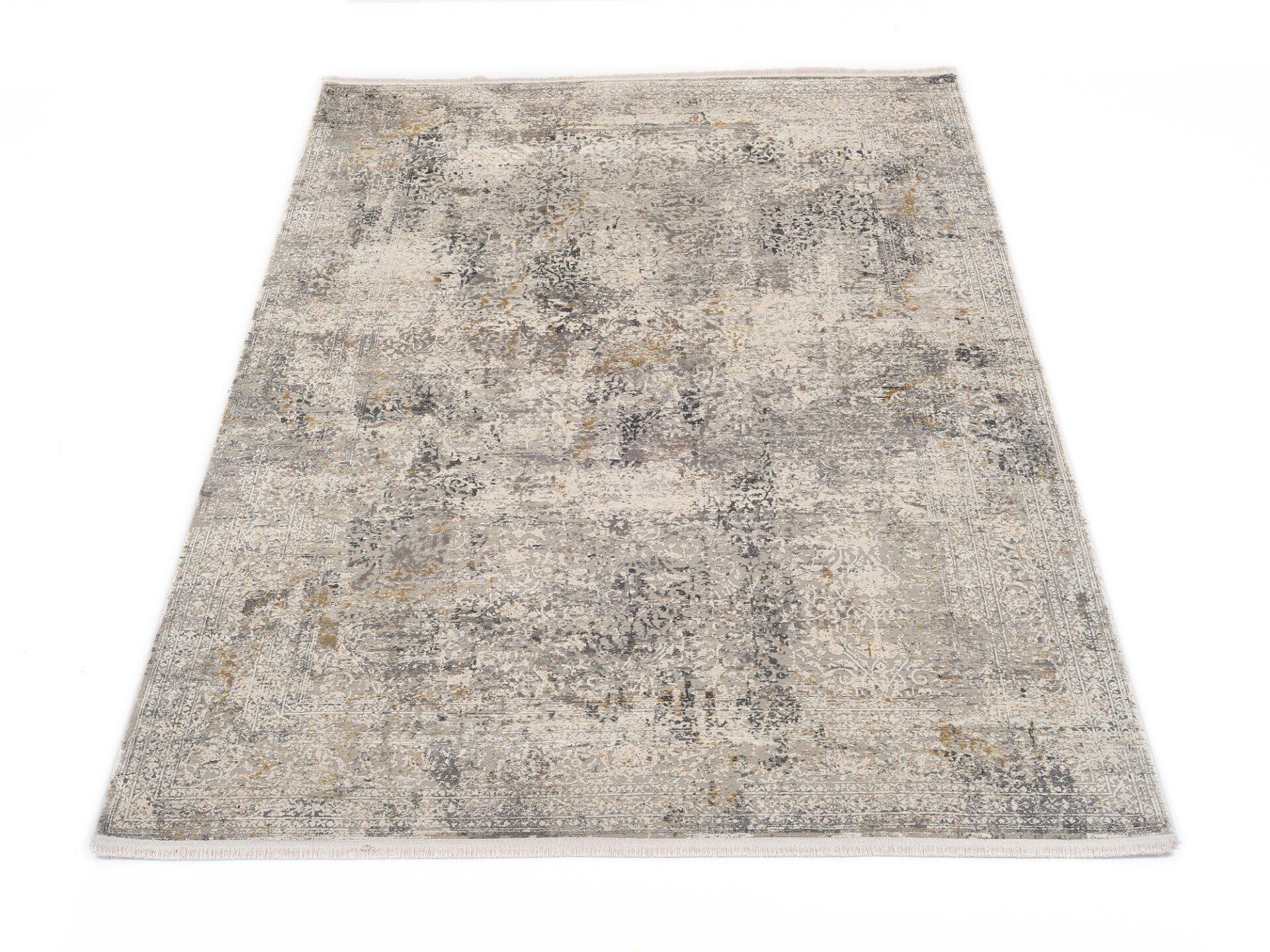 Maschinenwebteppich Amasya mit abstraktem, gemustertem Design in Beige, Grau und Gold, Vogelperspektive auf weißem Untergrund.